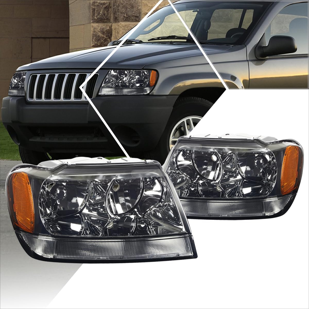 PM PERFORMOTOR Headlights Assembly Compatible with 99-04 Jeep Grand Cherokee WJ, Pair of Headlamps with Amber Corner