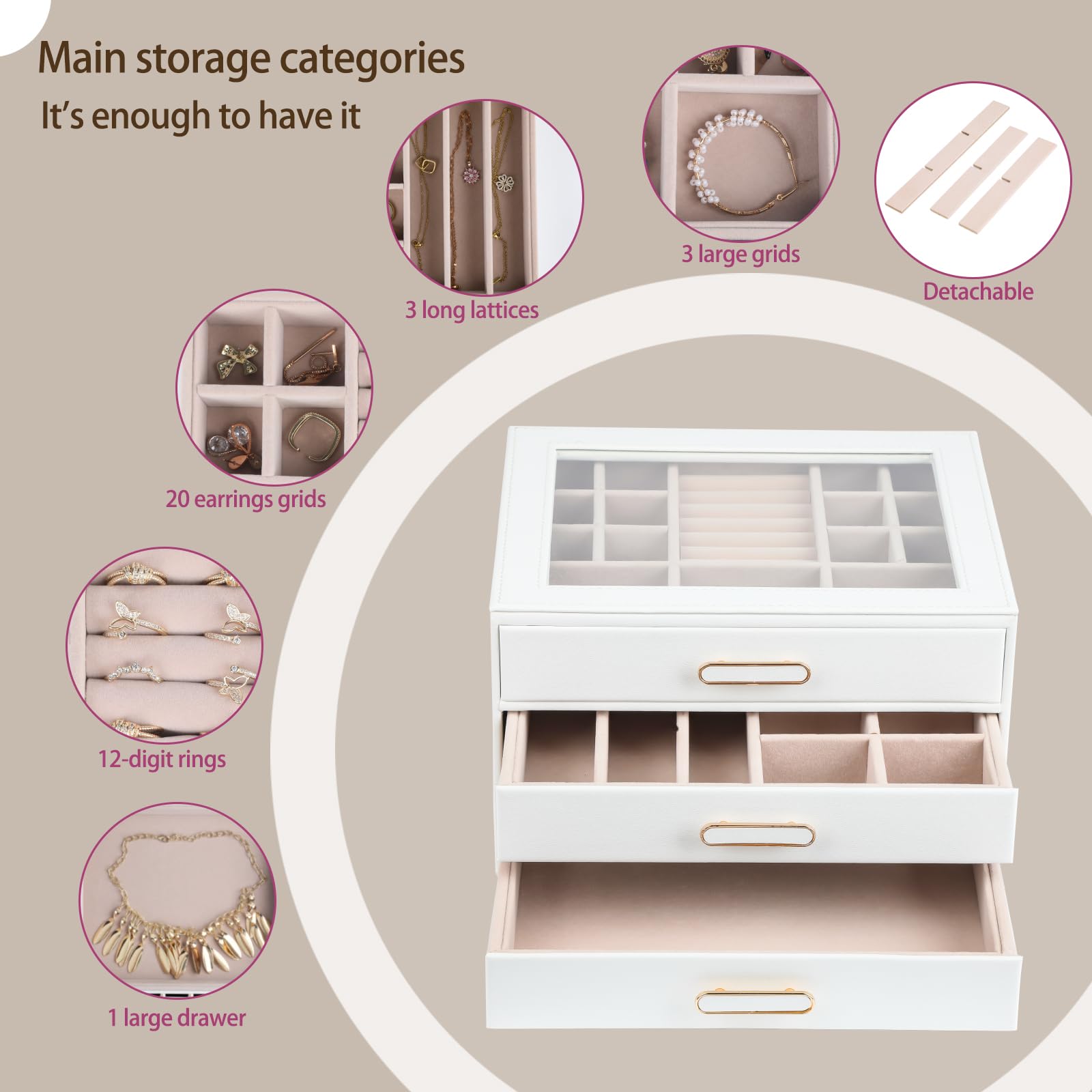 ASINGYER Joyero con tapas de cristal, organizador de joyas de 3 capas con 3 cajones para almacenamiento de collares, aretes y pulseras, cajas de joyería y organizadores para mujer (blanco)