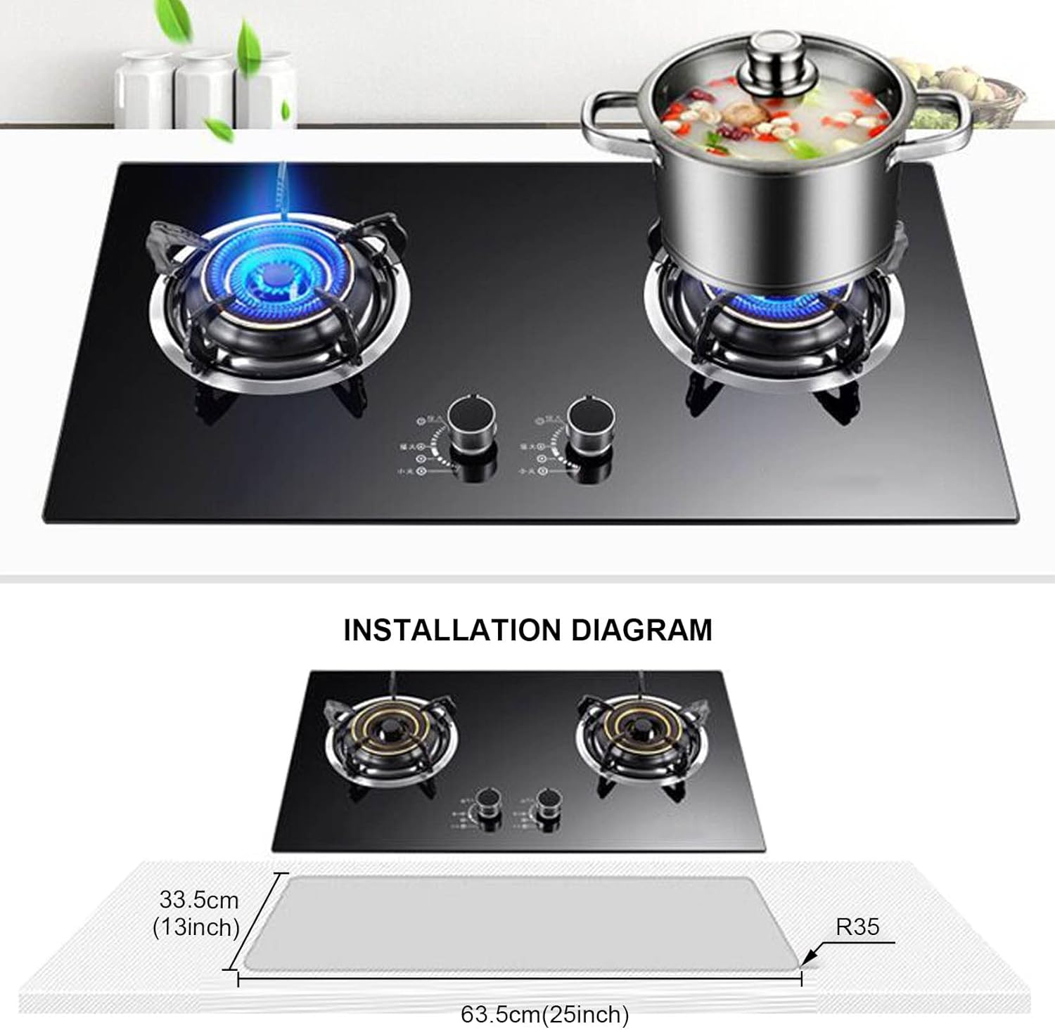 Dual Burner Gas Stove Top, Drop-In Gas Cooktop 2 Burners For Home Kitchen Rvs Apartments Outdoor, Tempered Glass(Black) (Black)