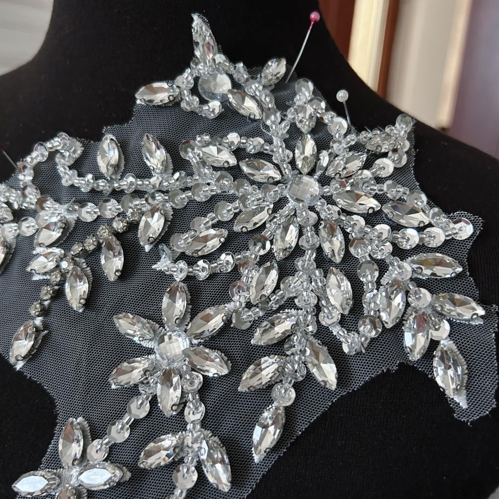 Lace Appliques Patches Glass Acrylic Rhinestoens Sewing for Wedding Dress Sew on Clothing Prom Costumes Gown Designer DIY Front Bodice Decorations (Silver), ymal-388
