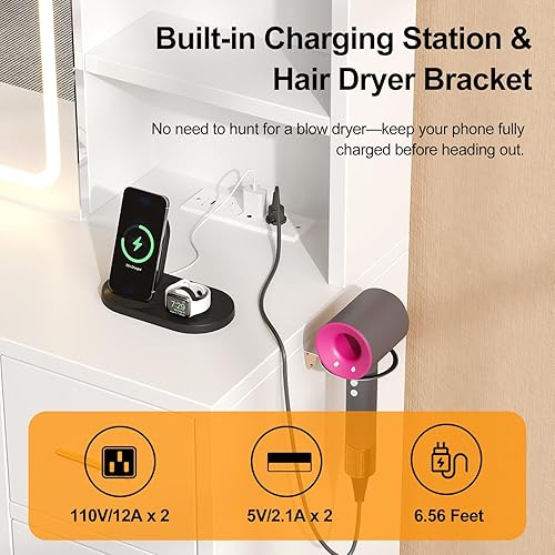 Miniatura 6 de Escritorio de tocador con espejo deslizante y luces LED, mesa de maquillaje inteligente con estación de carga, soporte para secador de pelo, 7