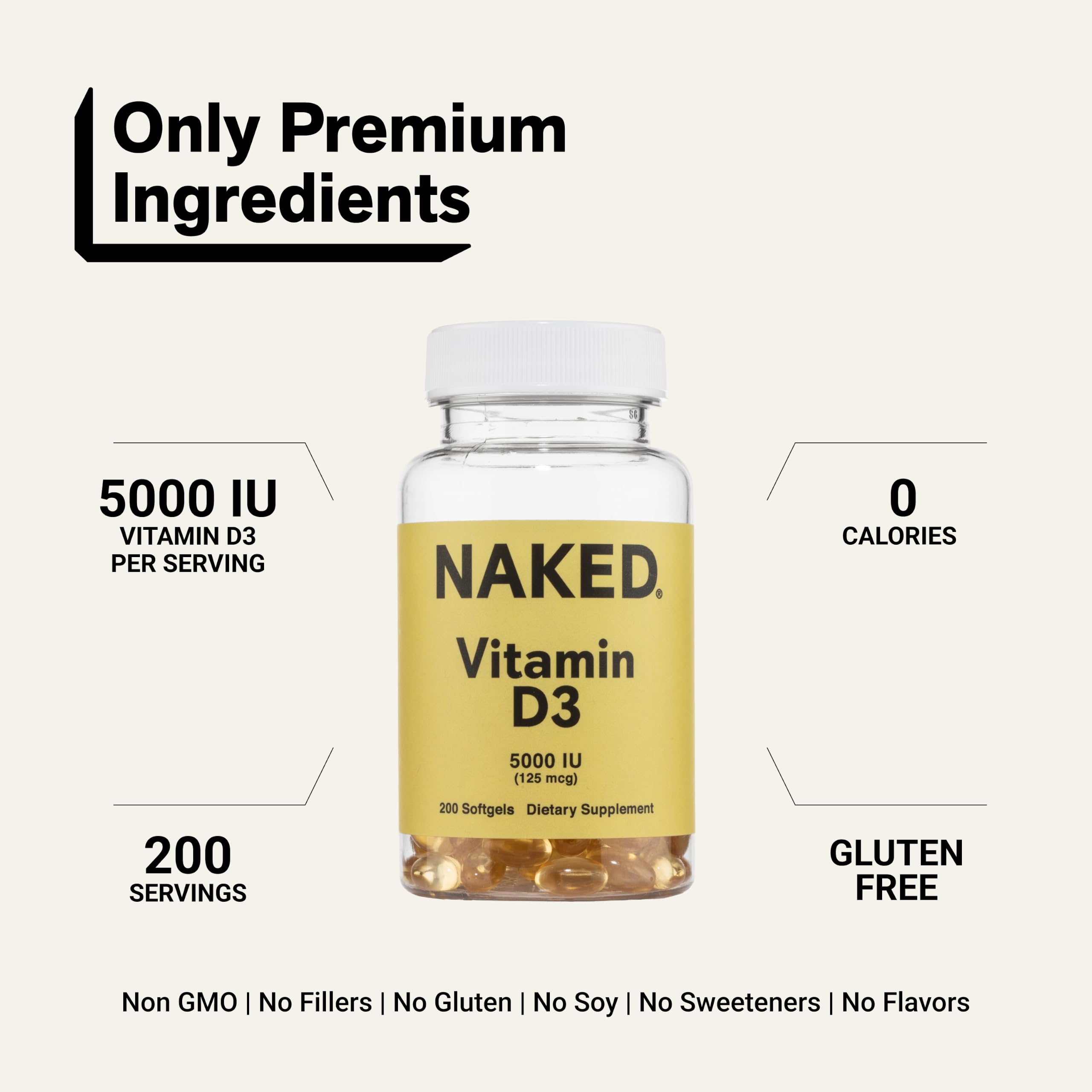 NAKED Vitamin D3 5000 IU – High Potency Vitamin D Supplement for Immune Support, Bone Strength, Muscle Function – 200 Vitamin D Softgels — Amazon image 3