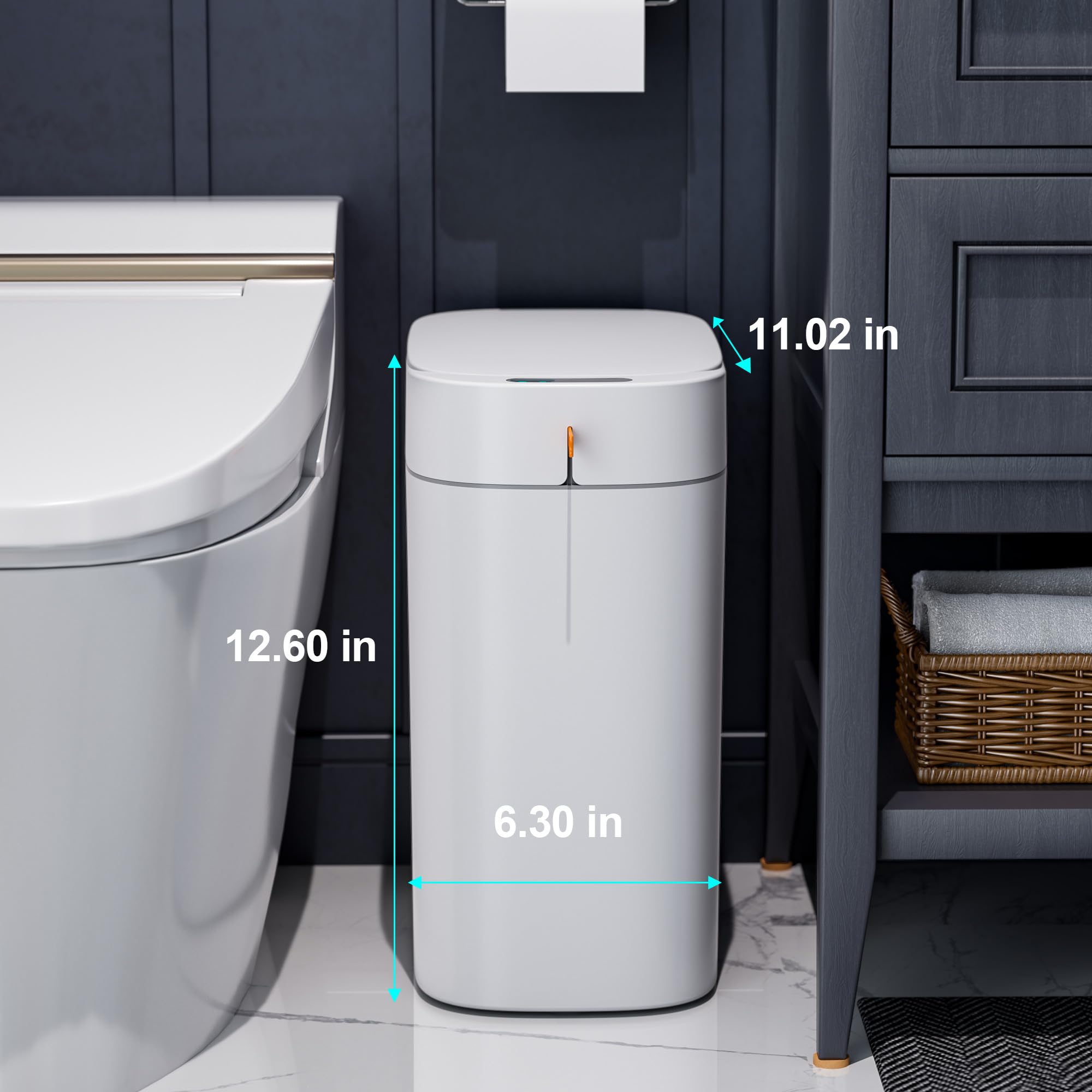 CTIME Cubo de basura de baño con tapa, cubo de basura delgado de 3.5 galones con sensor sin contacto, bote de basura inteligente de succión automática, adecuado para dormitorios, oficinas, cocinas y