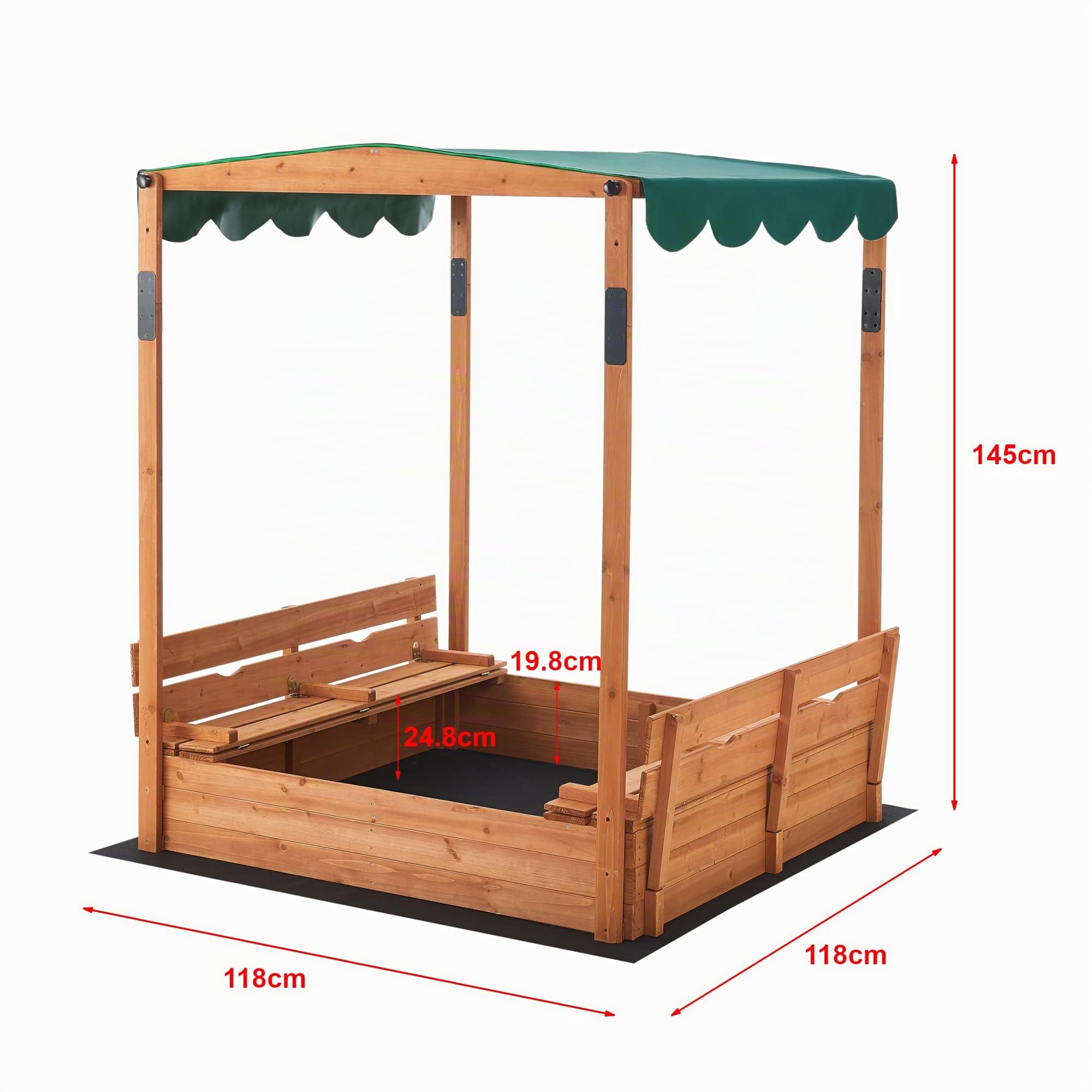 [en.casa] Sandkasten Kellenhusen mit höhenverstellbarem Dach 145 x 118 x 118 cm Sandkiste mit Abdeckung Sandbox mit 2 klappbaren Sitzbänken und Bodenfolie Tannenholz Natur