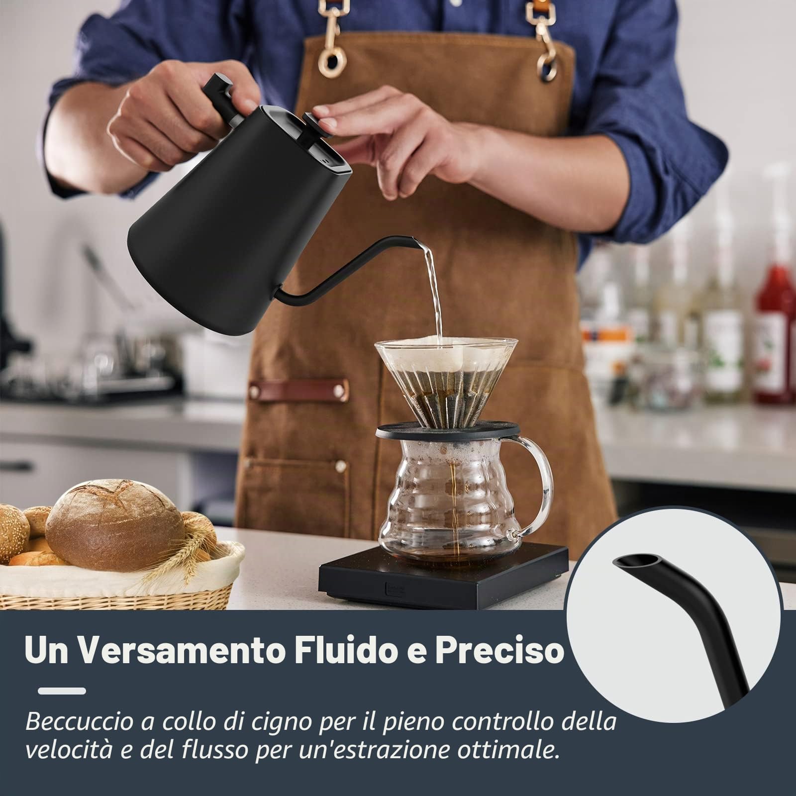 Bollitore elettrico a collo d'oca con display LCD, bollitore per acqua calda con controllo della temperatura in tempo reale e temperatura regolabile da 40 a 100 ℃,1200 W, 1 L, acciaio inox,nero