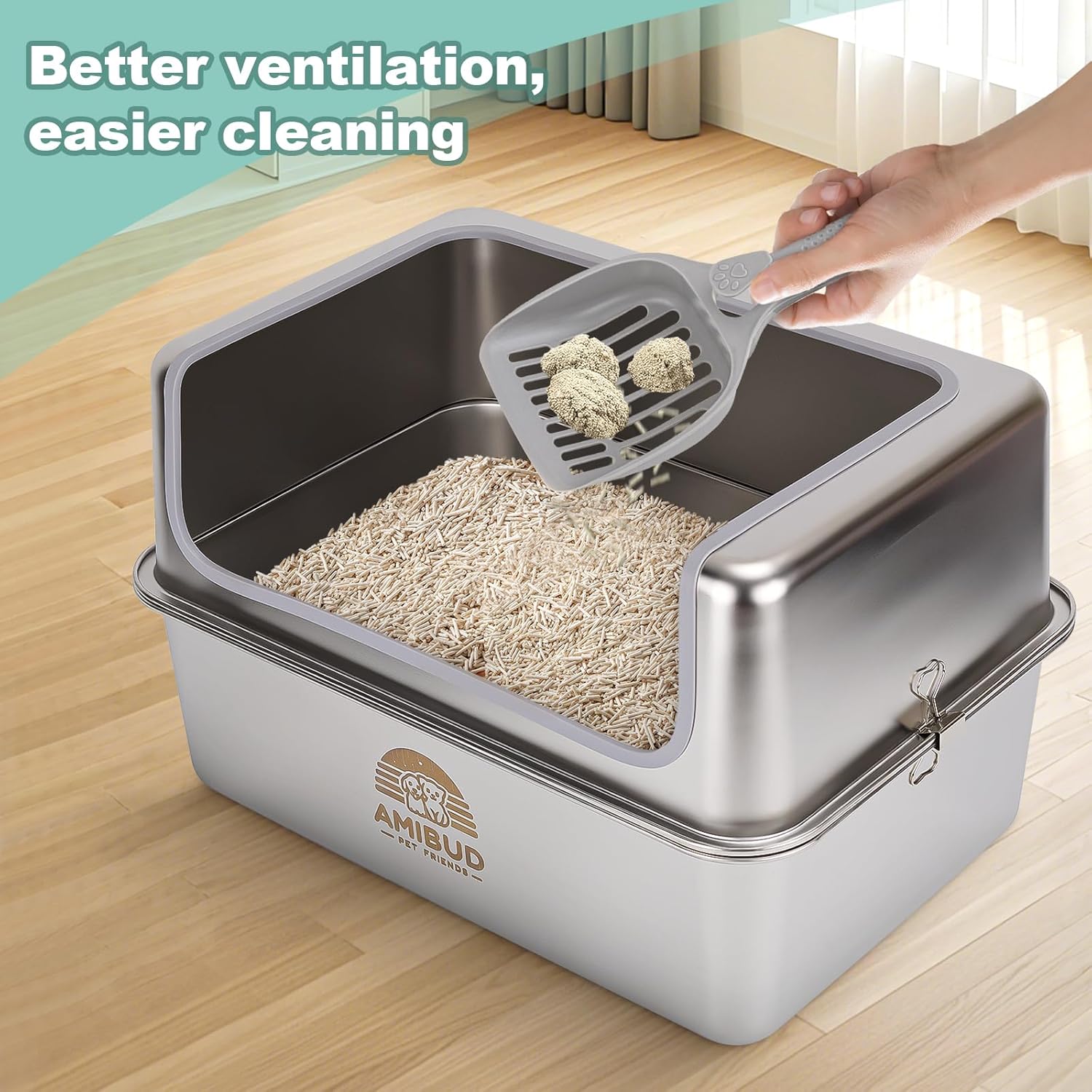 Stainless Steel Cat Litter Boxes with Metal Lid, Large Kitty Litter Pan with High Wall Enclosure-Odor Free&Easy to Clean