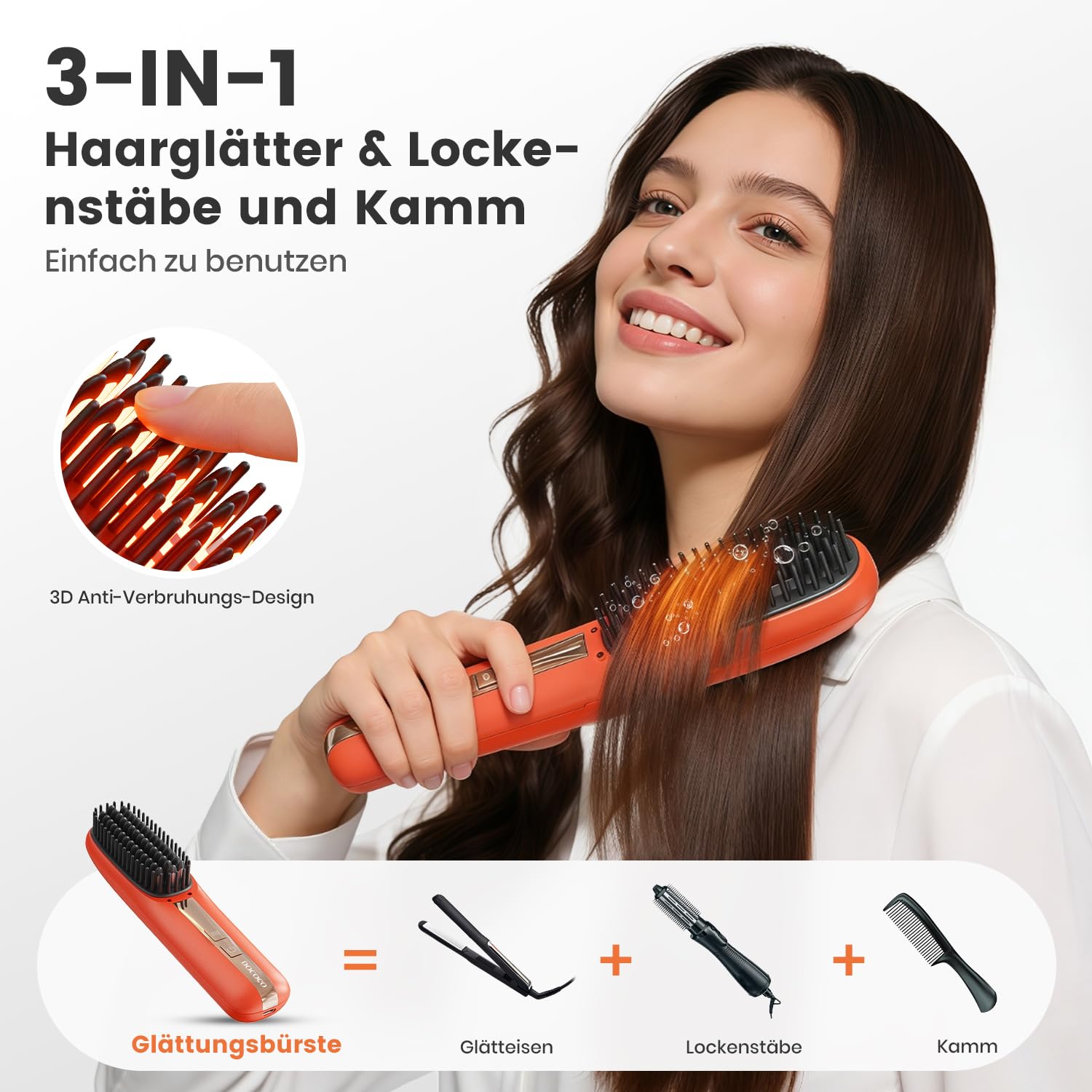 Kabellose Glättbürste mit LCD Display, 3 in 1 Haarglätter Bürste mit 300 Millionen Ionen, 20s Schnellaufheizung, 3D Anti-Verbrühung, Tragbar für Reisen