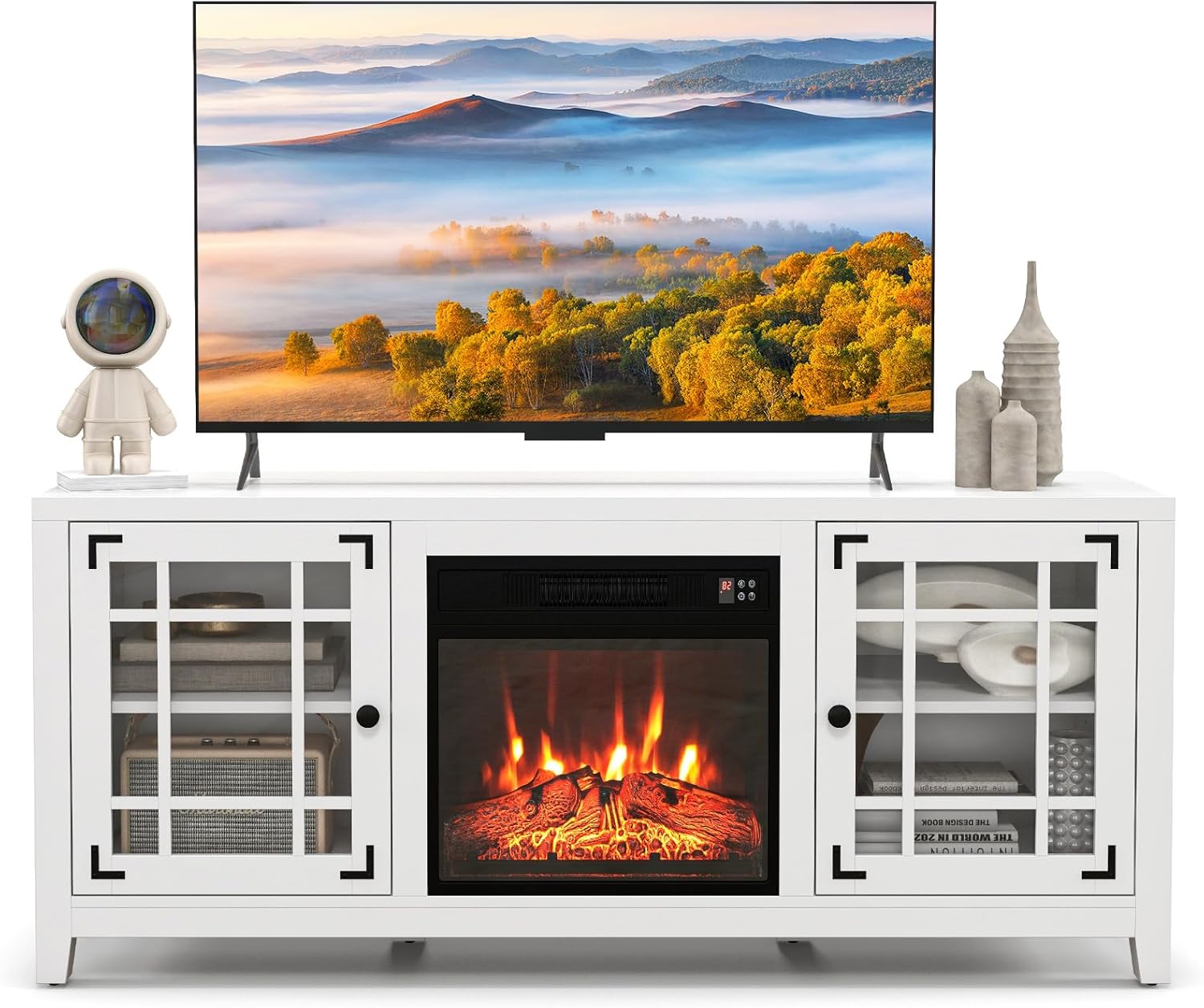 SIMOE Fireplace TV Stand for TV up to 65 Inch, White Electric Fireplace with Remote Control, Adjustable Flame and Shelves, Farmhouse Entertainment Center for Living Room, Bedroom, Indoor Use, White