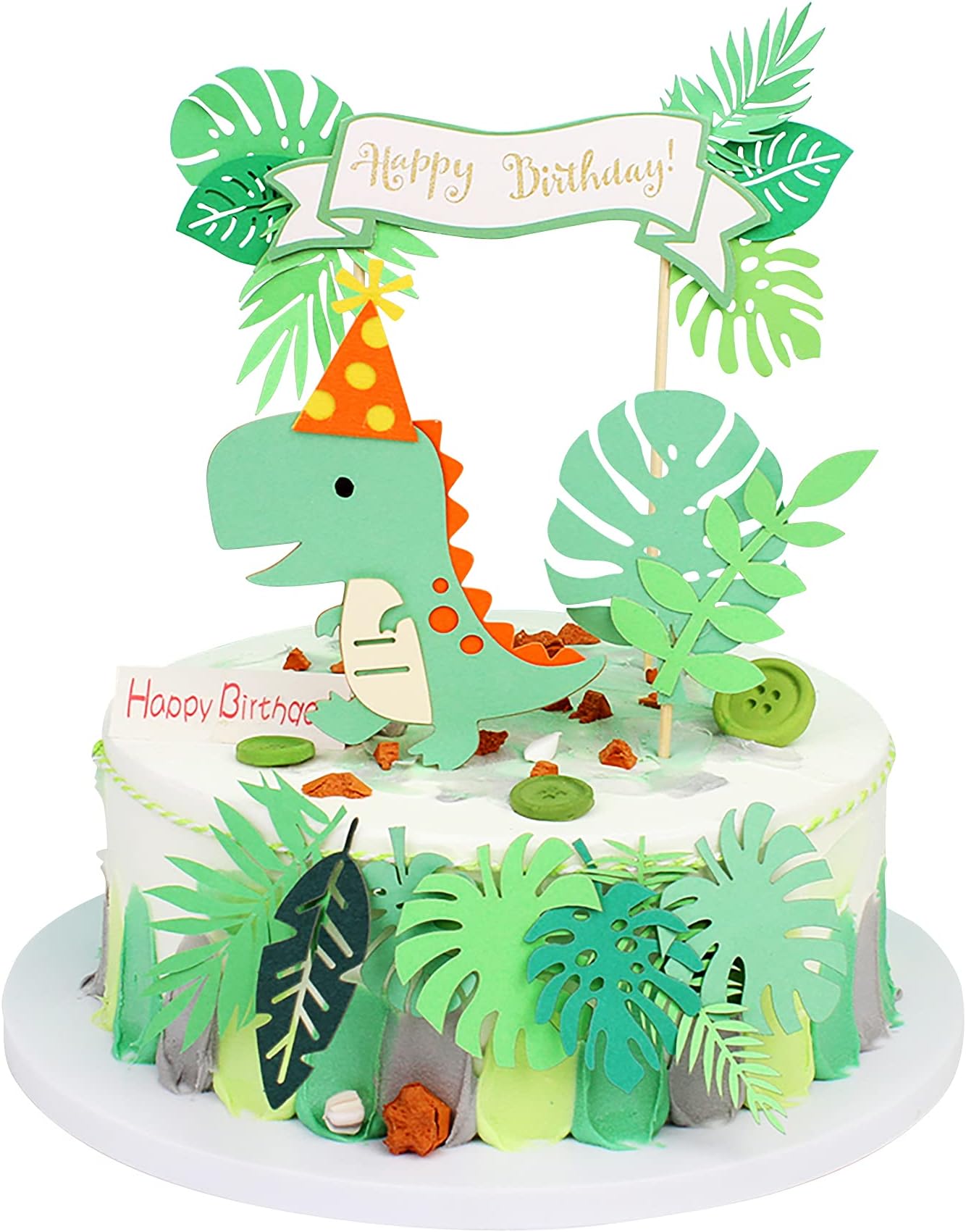 Green Dinosaur Cake Toppers Set - Happy Birthday Banner & Decorations for Boy, Girl, Baby Shower & Party