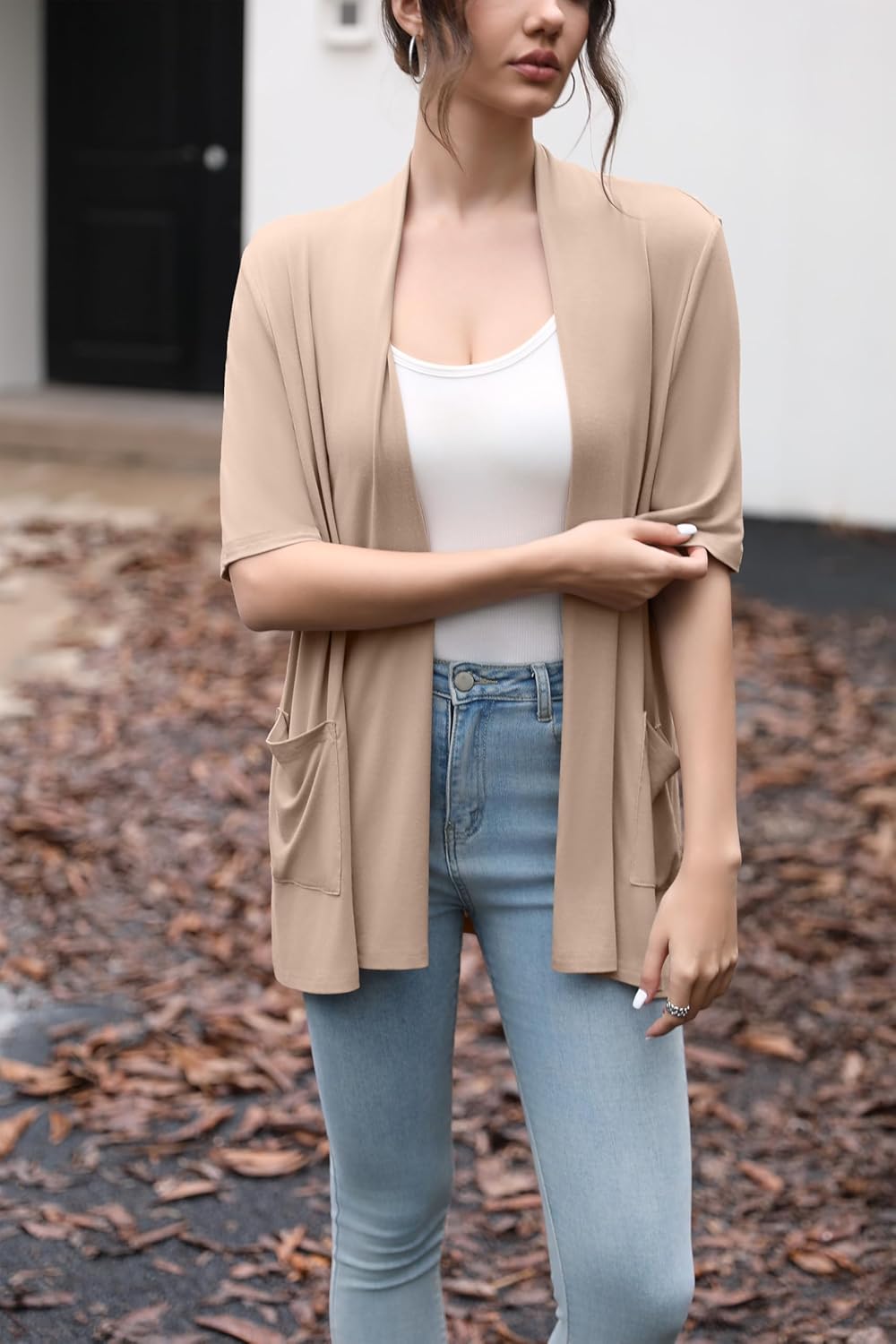 HIYIYEZI Women's Short Sleeve Open Front Cardigan Casual Loose Lightweight Cardigans with Pockets - Image 5