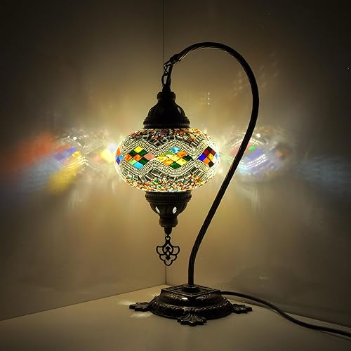 Miniatura 3 de Turkish Lamp Mosaic Table Lamps | Turkish Moroccan Lamp with Bronze Base | Handmade Swan Neck Tiffany Night Lamp | Mosaic Glass Bedside Night Lamp