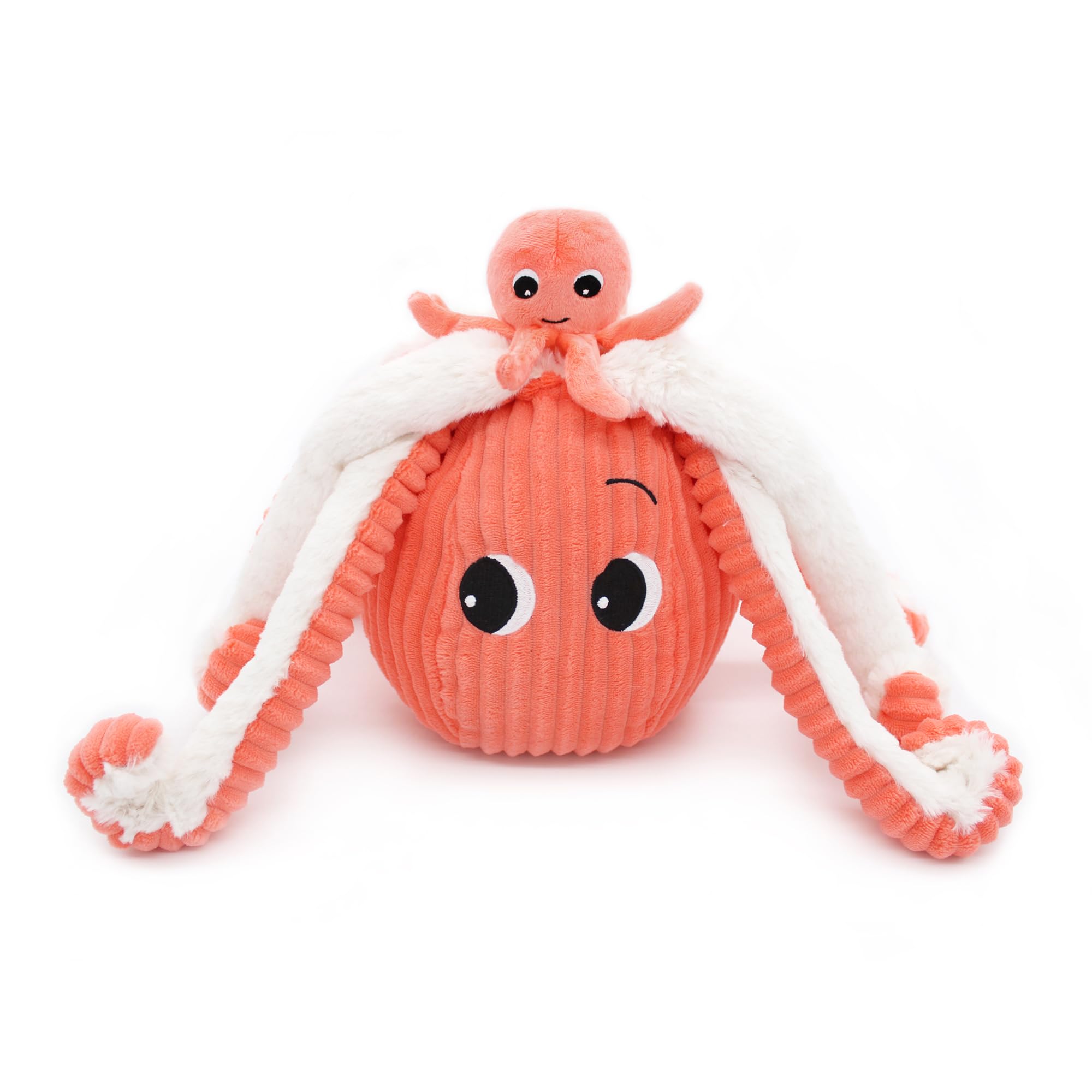 LES DÉGLINGOS Les Ptipotos by Plüschtier für Maman Bebe, sehr weich, Geschenk zur Geburt, Filu der Oktopus, Mama & Baby, 45 cm, Korallenrot