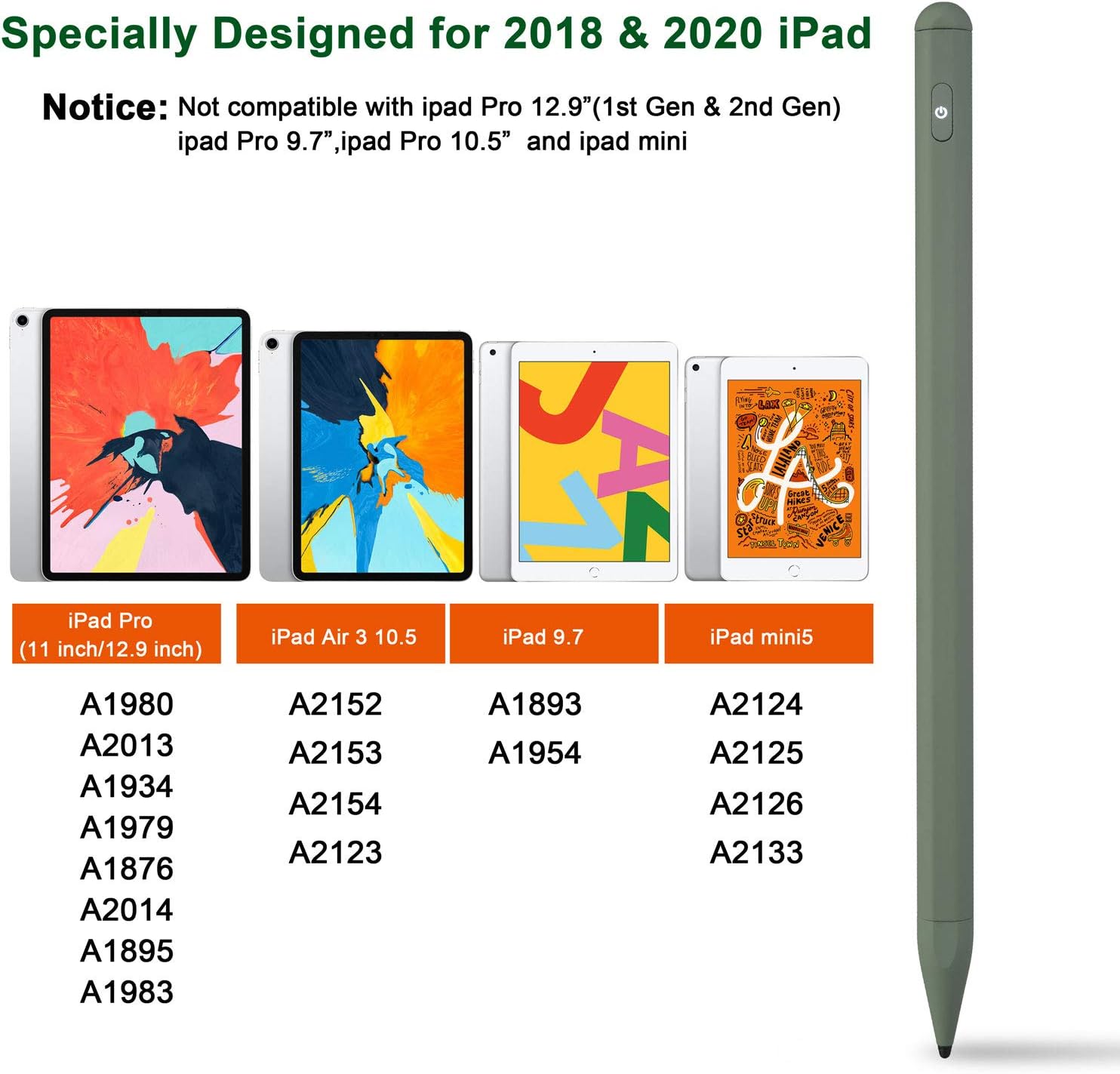 Stylus Pen for iPad with Palm Rejection, Active Stylus with Magnetic for 2018-2020 Apple iPad, iPad (6/7 Gen)/iPad Pro (11/12.9 inch)/iPad Mini Gen 5/iPad Air Gen 3, Rechargeable Digital Pencil Green