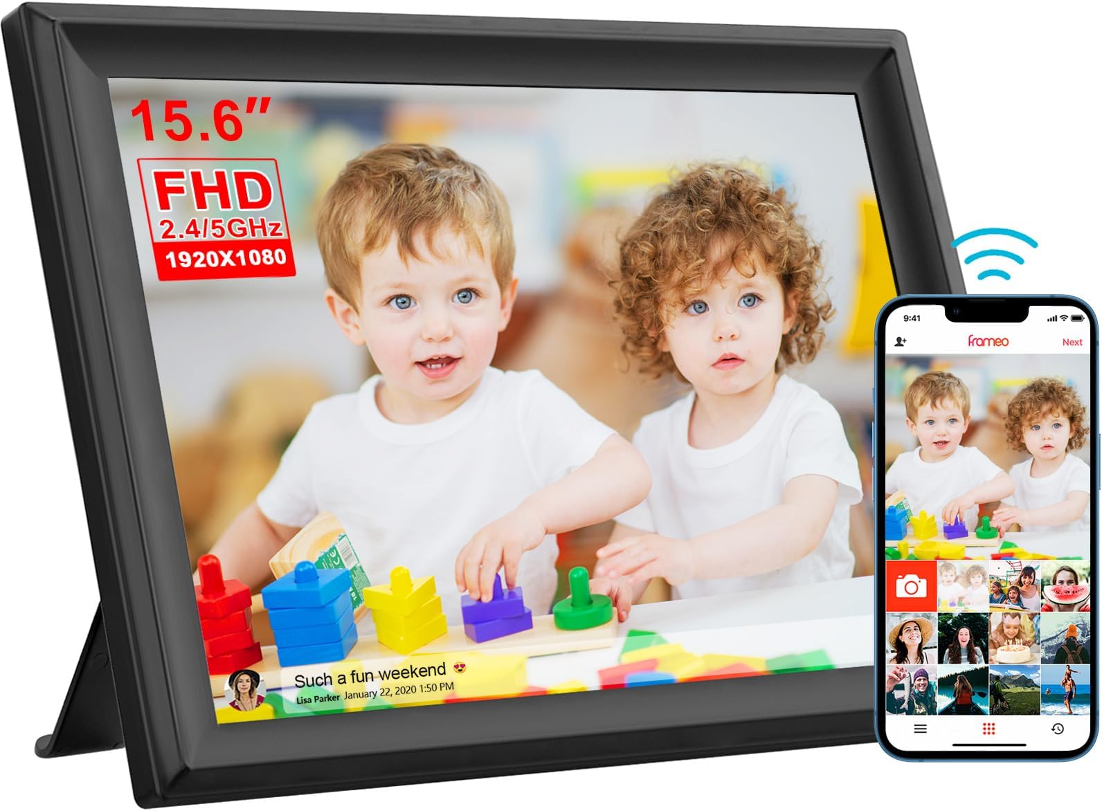 15.6 inch Digital Photo Frame with 1920x1080 FHD IPS LCD Touch Screen,Dual-WiFi Share Photos & Videos Via Frameo App,Support USB Drive/SD Card Extend Storage,Auto-Rotate