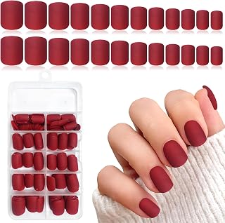LuckForever 240pc Square Press on Nails Short Fake Nails Wine Red Matte Artificial Fingernails Short Press on Nails Square False Nail Tips Acrylic Presson Nails & Glue Adhesive Tabs for Women Girls