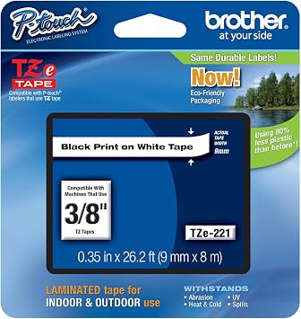 Genuine Brother 3/8" 9mm Black on White TZe P-Touch Tape for Brother PT-1090, PT1090 Label Maker with Free TZe Tape Guide Included