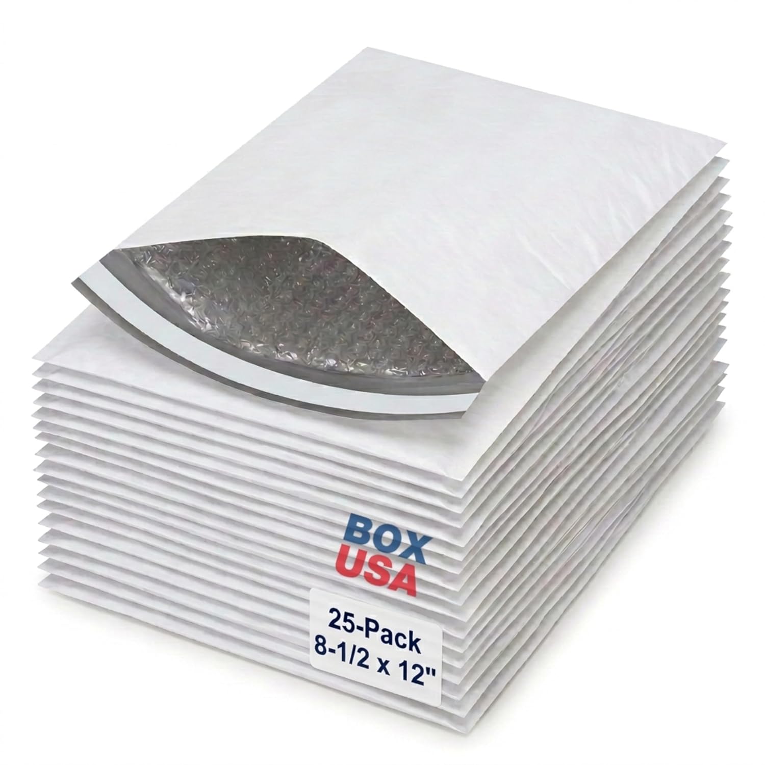 BOX USA White Poly Bag Mailer Bubble Lined, 8.5"L x 12"W, Pack of 25 | Self-Sealing Durable Plastic Envelope for Secure Shipping, Packaging, & Storage, Ideal for Personal & Small Businesses, 8.5x12