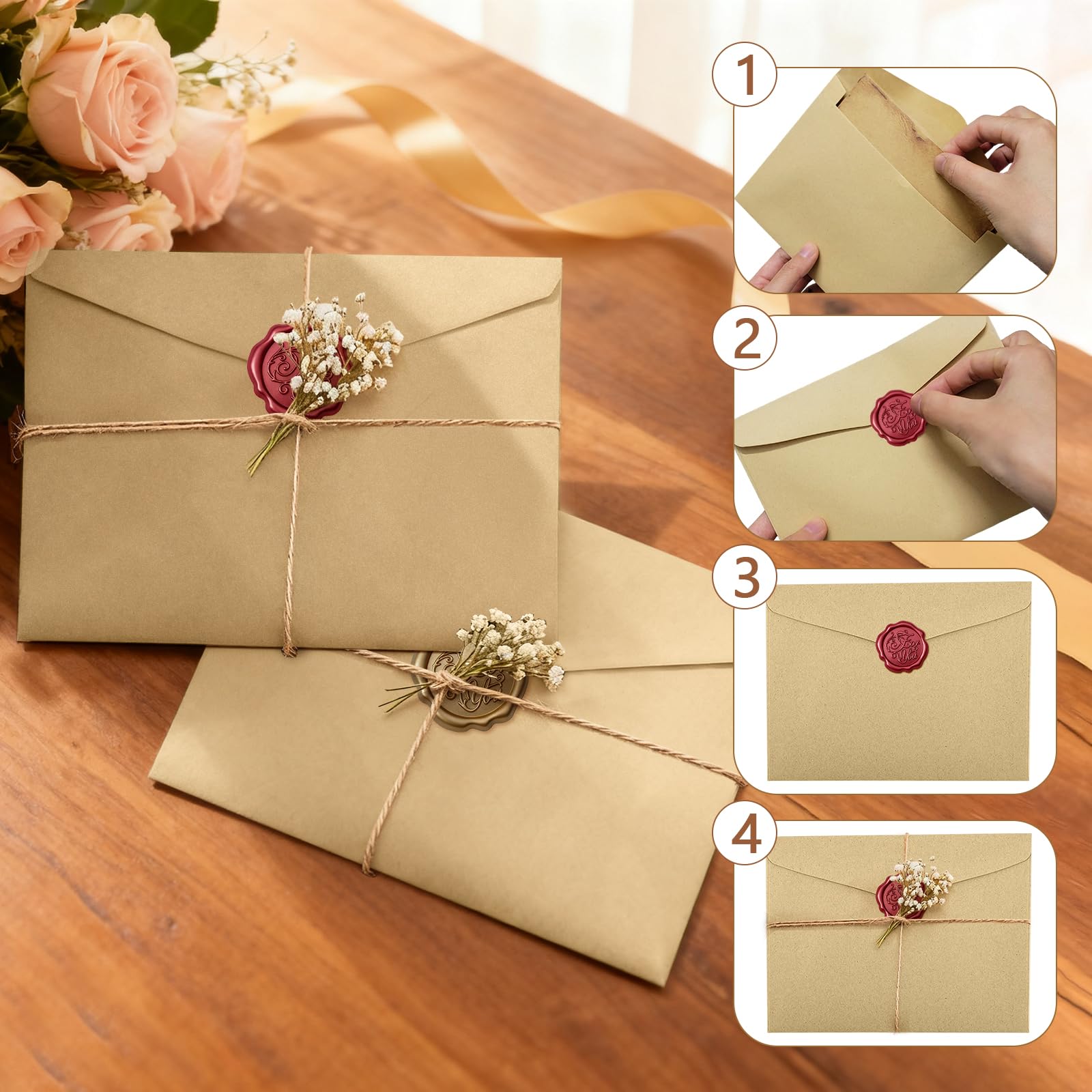 Ensemble de Papeterie Vintage 16 Enveloppes Papier Kraft Lettre Autocollants Sceau Cire Mariage