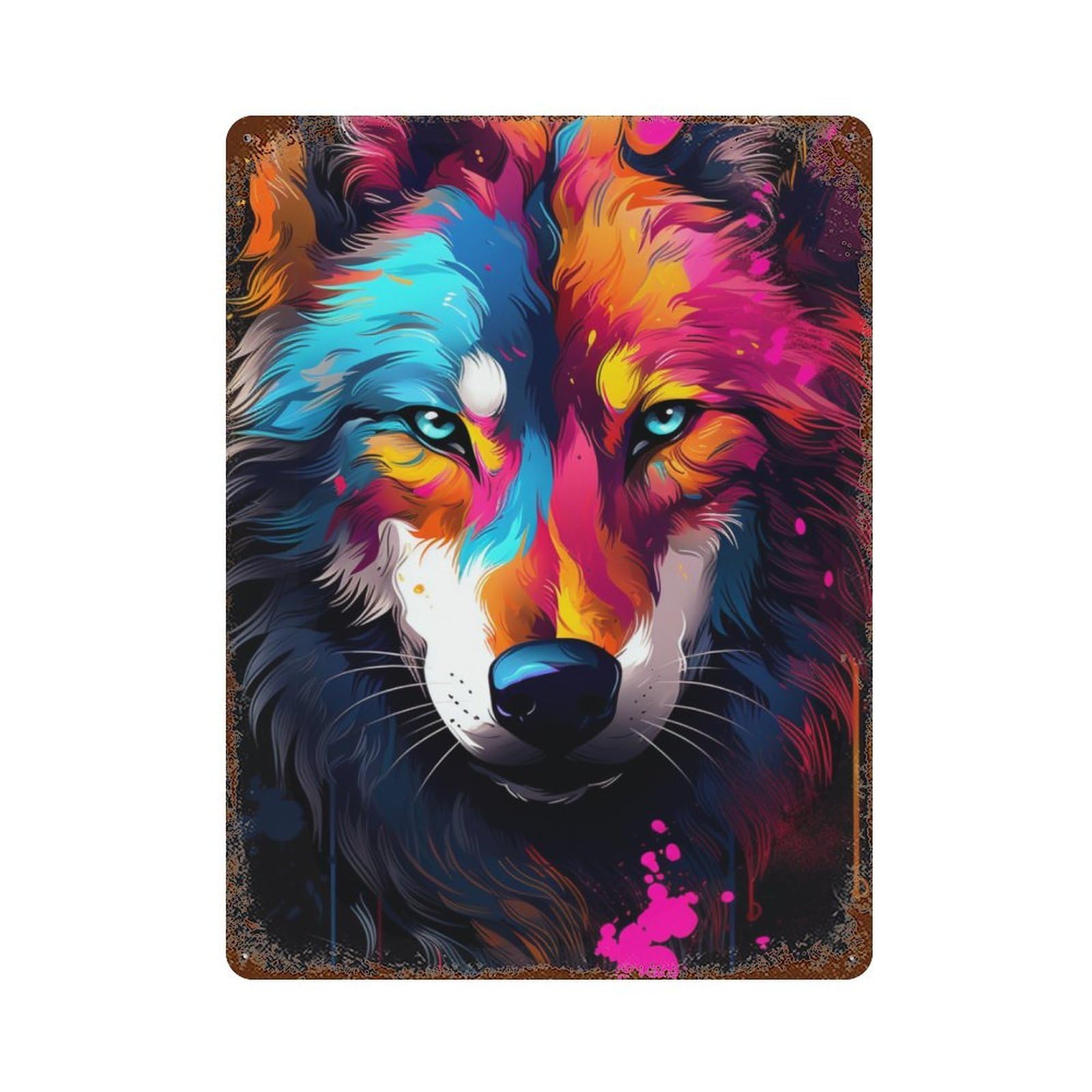 Colorful Wolf Art Print-26 Rustic Tin Plaque 15.7"x11.8", for Shed, Workshop And Garage Wall Decor, Shabby Chic Decor