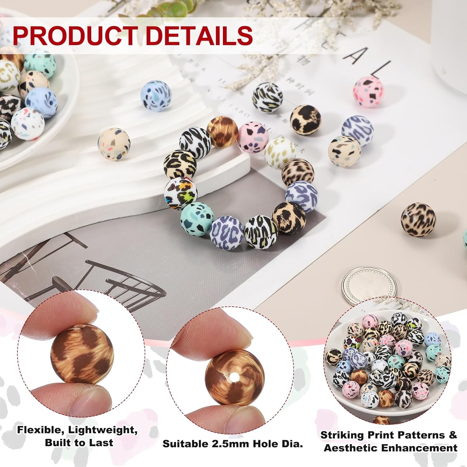 PATIKIL 15 Pcs Silicone Beads, 15mm Round Leopard Beads Bulk Cow Print Focal Bead for Beaded Pen Keychain Making Crafts Bracelets Beadable Jewelry Making Halloween, Yellow Hair Leopard - Image 3