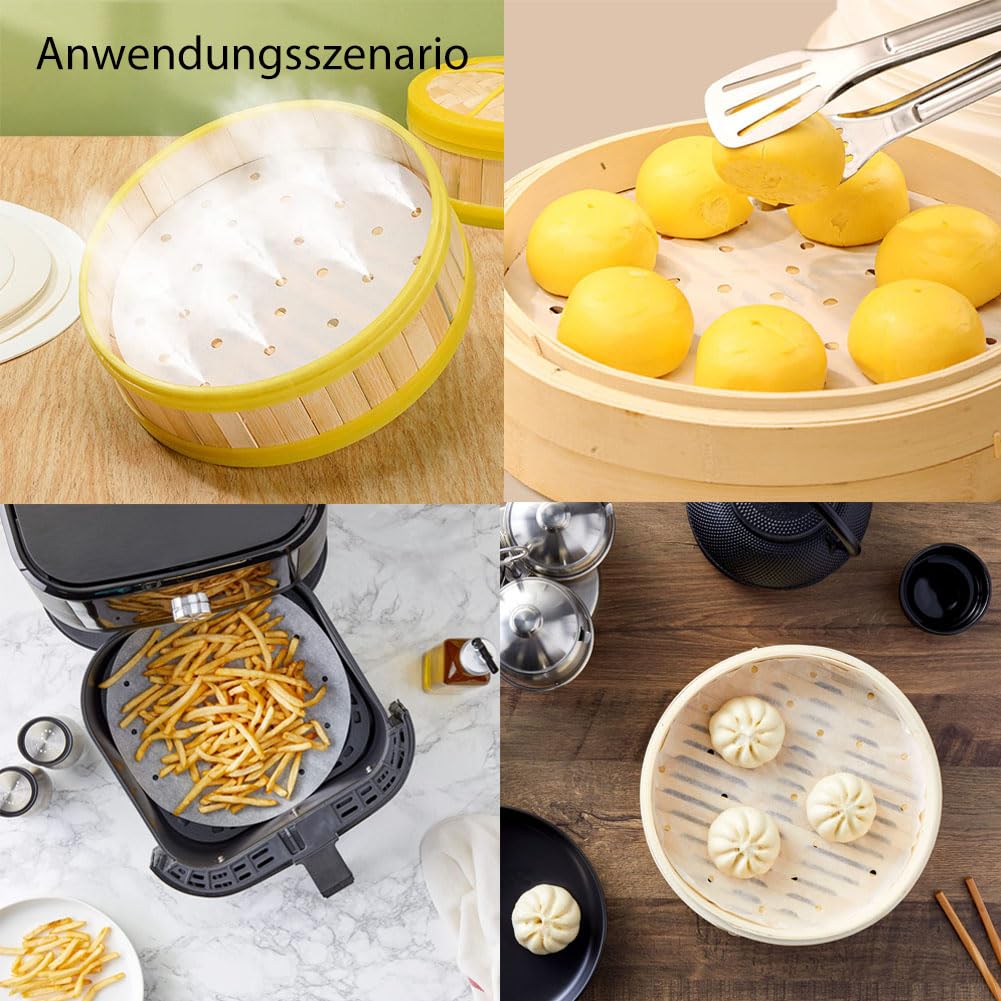 25 cm Backpapier für Heißluftfritteuse, 50 Stück Rund Antihaft Pergament für Dim Sum, Dampfgarer, Bambusdämpfer, Steamer Liner