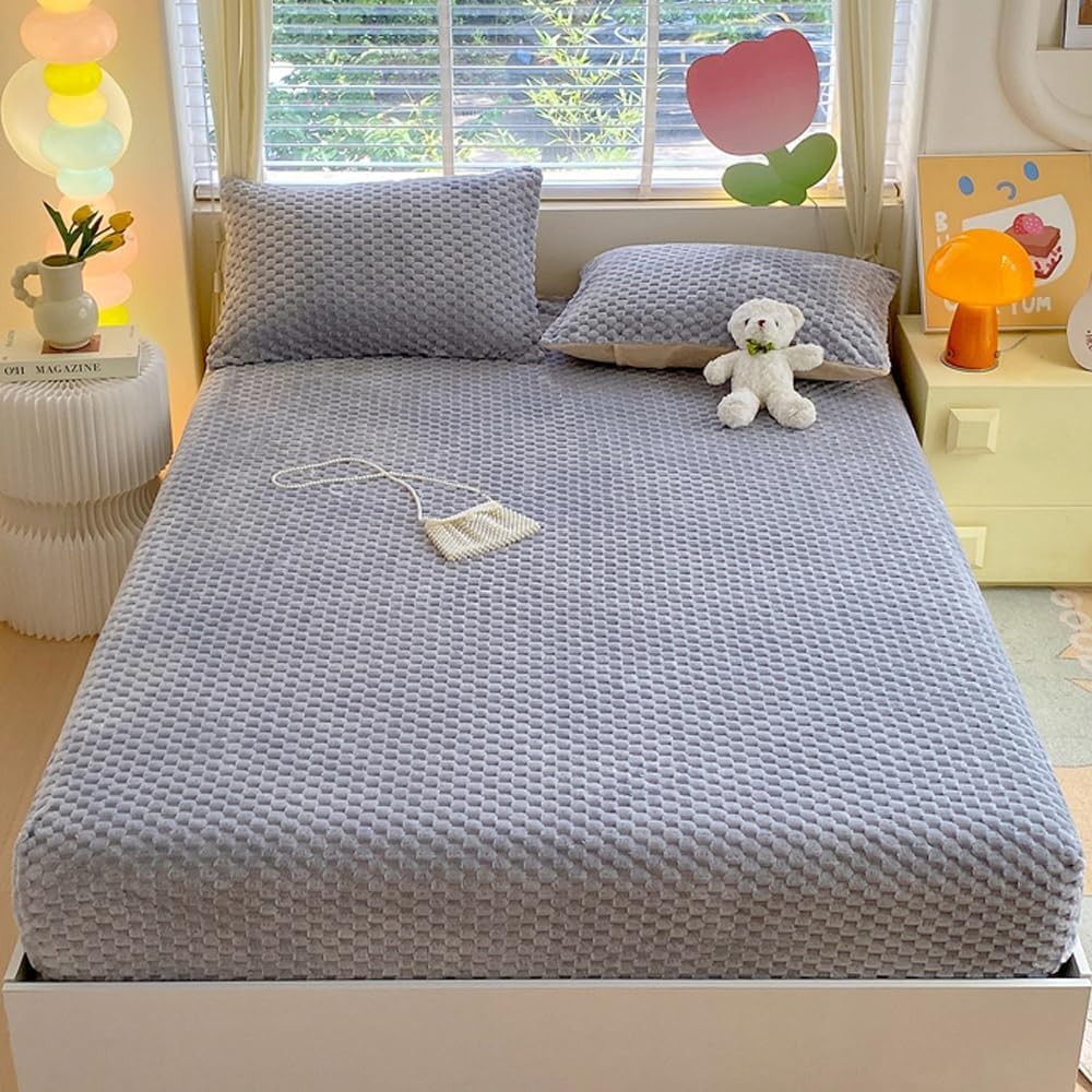 Milk Velvet Checkered Fitted Sheet Mattress Cover, Warm Thicken Mattress Protector Super Soft Bed Cover with Pillowcase Washable 15'' Deep Pocket Mattress Pad,D,Full: 120x200cm — image 1