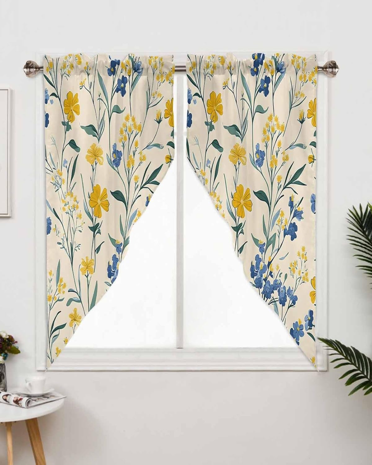 Seasonal Botanical Blooms Swag Curtains for Living Room/Bedroom, Blue Yellow Flowers Swag Kitchen Curtain Valances for Windows, Tier Topper Scalloped Curtain 2 Panels, 72" W x 63" L