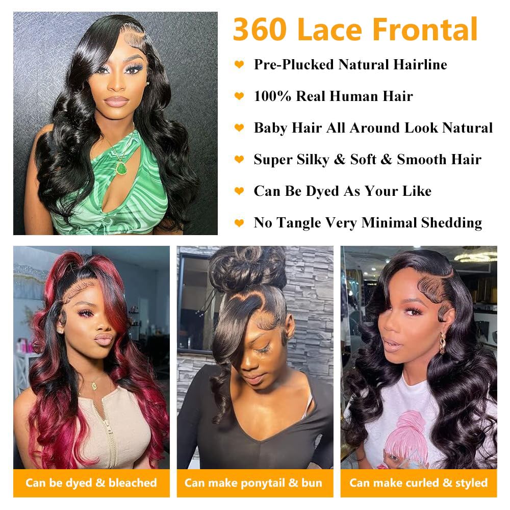 QTHAIR 360 HD Lace Frontal Body Wave 18A Full Human Hair Frontal 360 HD Transparent Lace Pre Plucked Baby Hair Bleachable Knots 100% Human Hair (14",Natural Color)