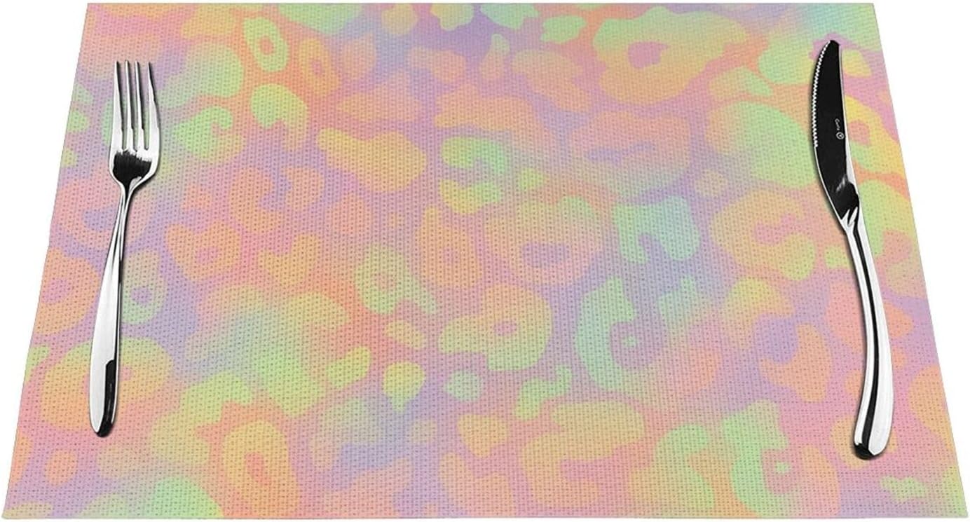 Neon Leopard Print Woven Placemat Non Slip Heat Resistant Wipeable PVC Table Mats 4 PCS