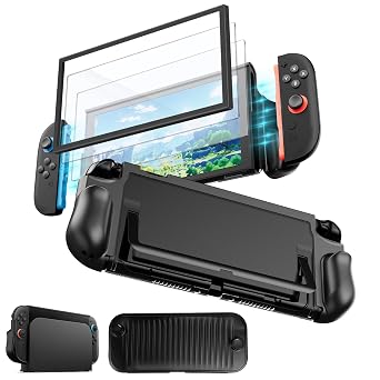 JDGPOKOO 4 in 1 Dockable Switch 2 Grip Case, TPU Protective Case for Nintendo Switch 2, Ergonomic Grip Cover with PC Front Cover, 2PCS Screen Protector with Alignment Frame, Shockproof & Anti-Scratch