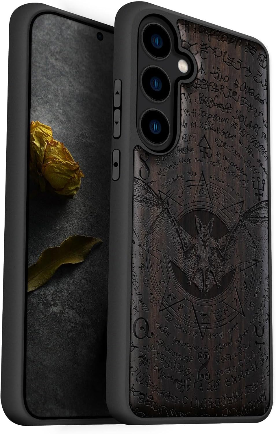 Carveit Wood Case for Galaxy S24 Case [Natural Wood & Black Soft TPU] Shockproof Protective Cover Unique Wooden Design Compatible with Samsung S24 (Bat and Octagonal Star-Blackwood)