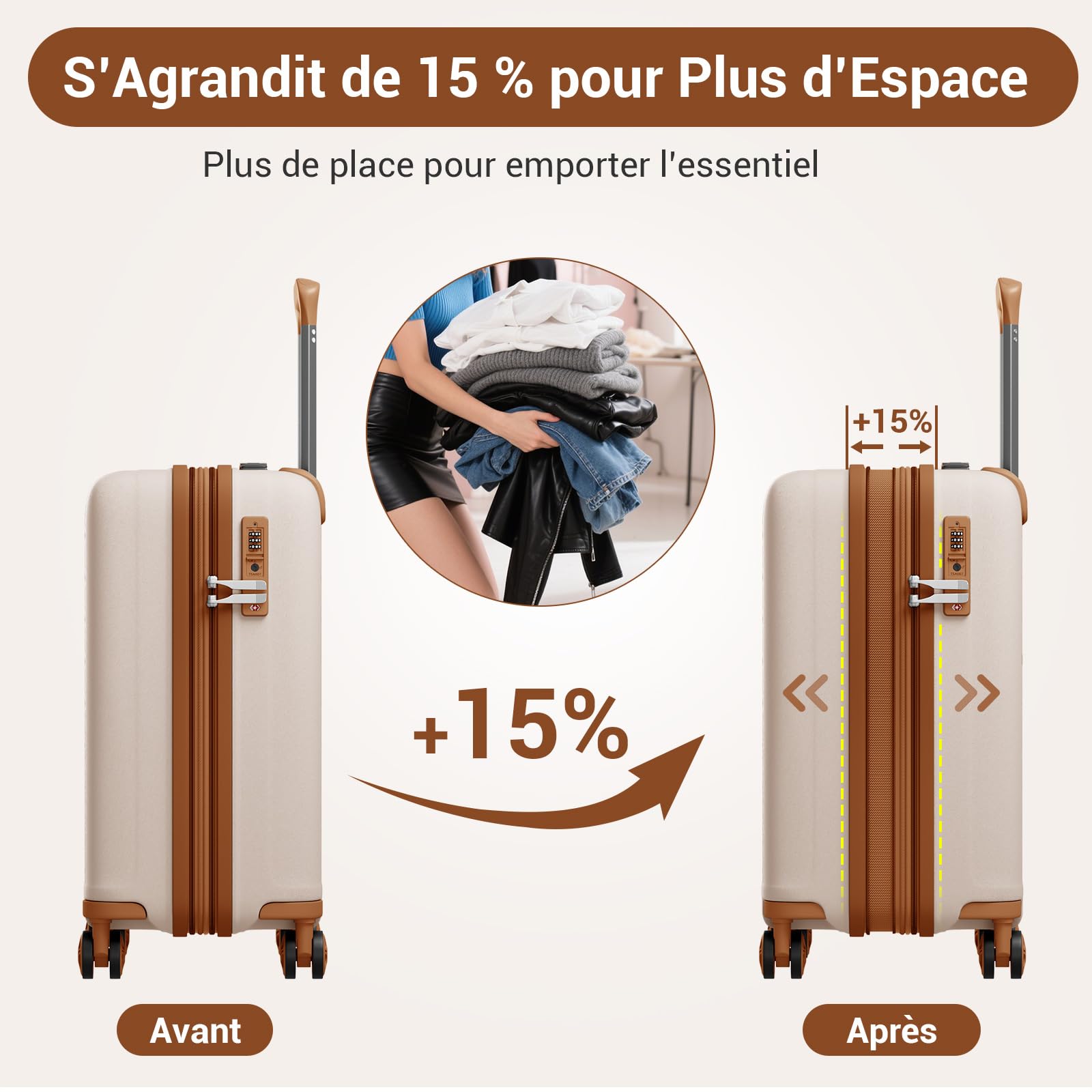 Kono Valise Cabine Extensible Bagages Cabine Valise de Voyage Bagage à Main Valise Rigide en Polypropylène avec 4 roulettes Pivotantes Serrure à Combinaison TSA (Crème/Marron)