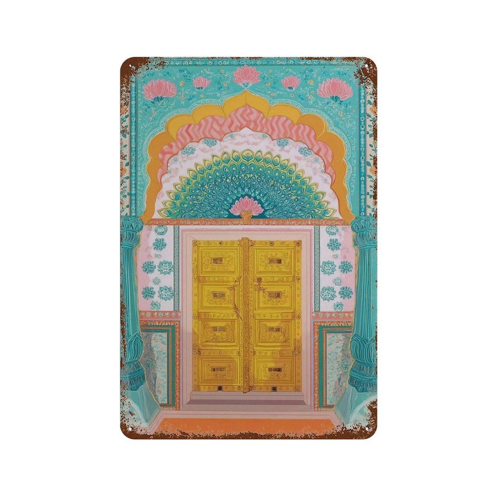 xiaoxiaoshen Indian Peacock Gate Painting Jaipur Architecture Colorful Palace Rajasthan Boho Wall Decor Art Metal Tin Poster Modern Home Decor Art Home Bar Shop Decorations Vintage Sign 30x20cm