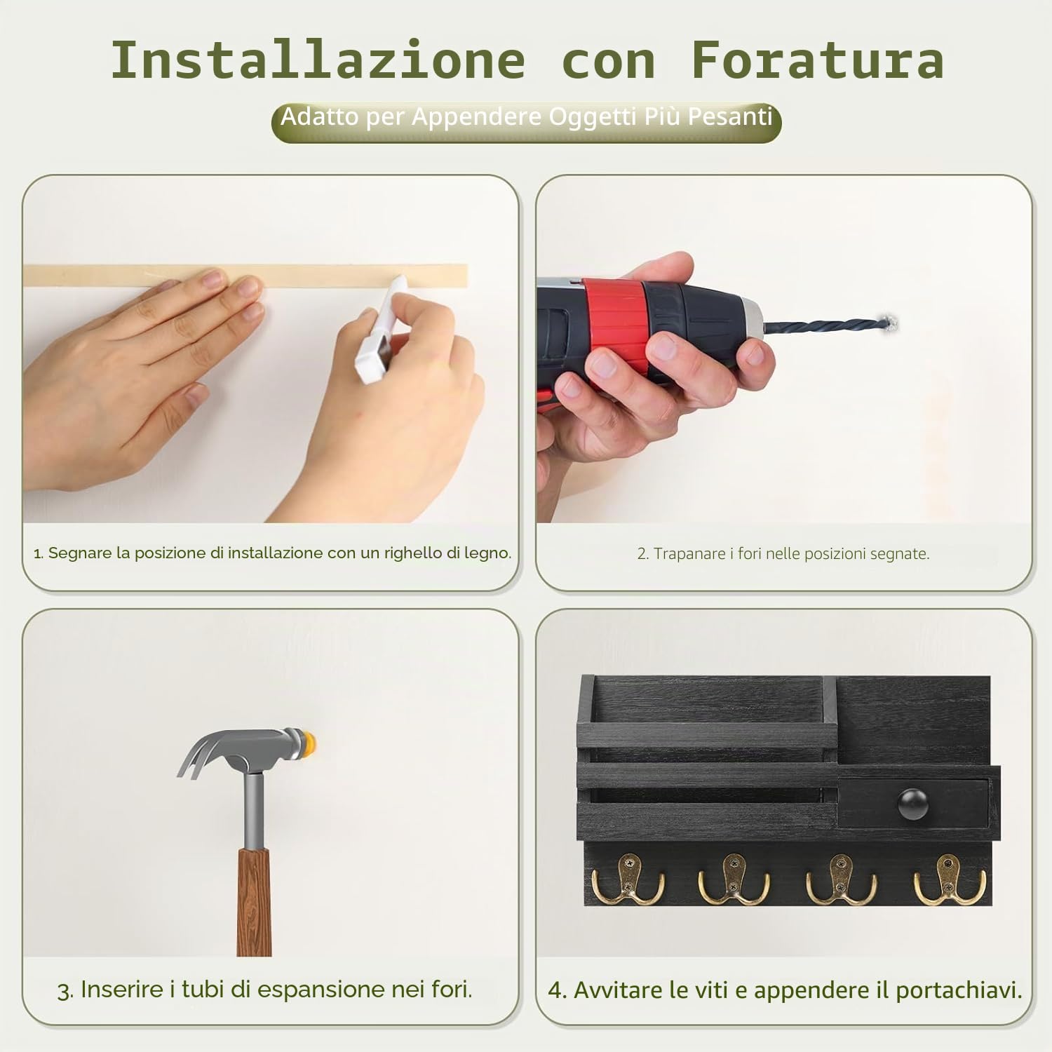 Appendi Chiavi a Muro con Cassetto Portaoggetti, Appendi Chiavi Ingresso con 4 Doppio Ganci, Portachiavi da Parete in Legno, Mensola da Parete per Casa, Ingresso, Ufficio - Nero