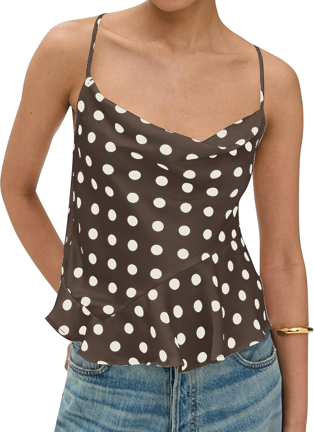 Womens Polka Dot Satin Tank Tops Cowl Neck Tie Back Sleeveless Shirt Asymmetrical Ruffle Hem Camisole Crop Tops