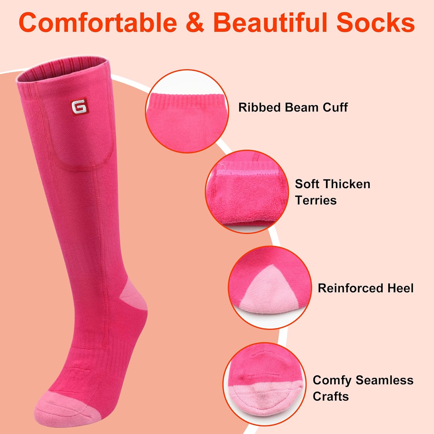 Rechargeable Heated Socks for Youth Girls - 4000mah Electric Socks Winter Warm Foot Warmer Up to 10H, 3 Heating Levels Washable Thermal Socks for Skating Hiking Camping Fishing (Pink) - Image 2