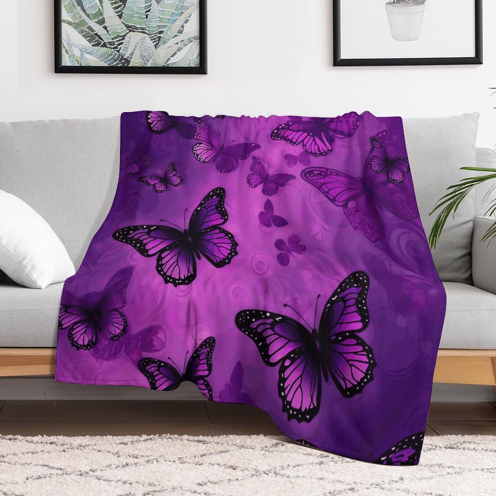 Couverture micro polaire motif papillon violet 127x152 cm pour lit