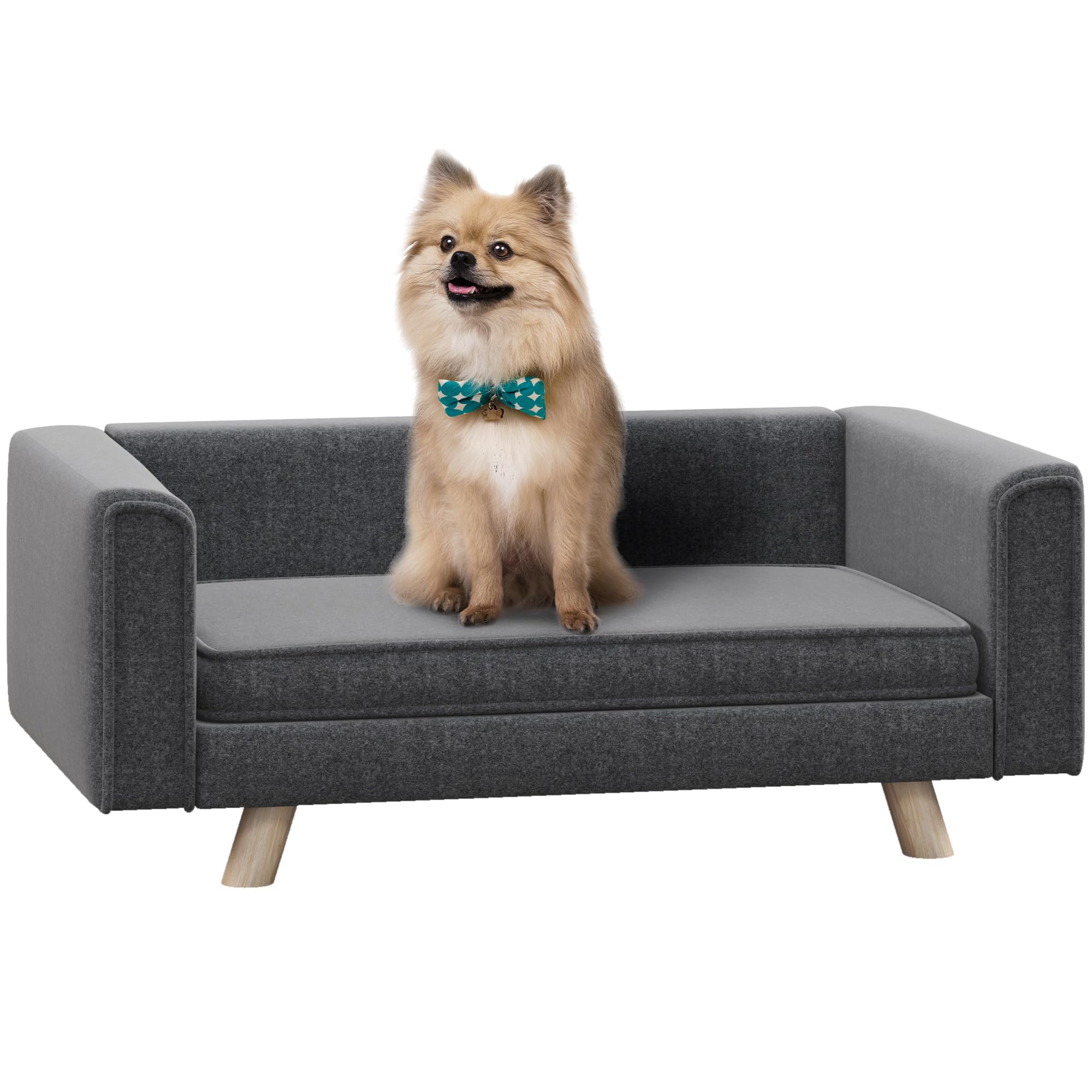 PawHut Hundesofa, Hundebett mit Erhöhtem Design, abnehmbarem und waschbarem Bezug, Haustiersofa mit Holzbeine, für kleine und mittelgroße Hunde, Grau