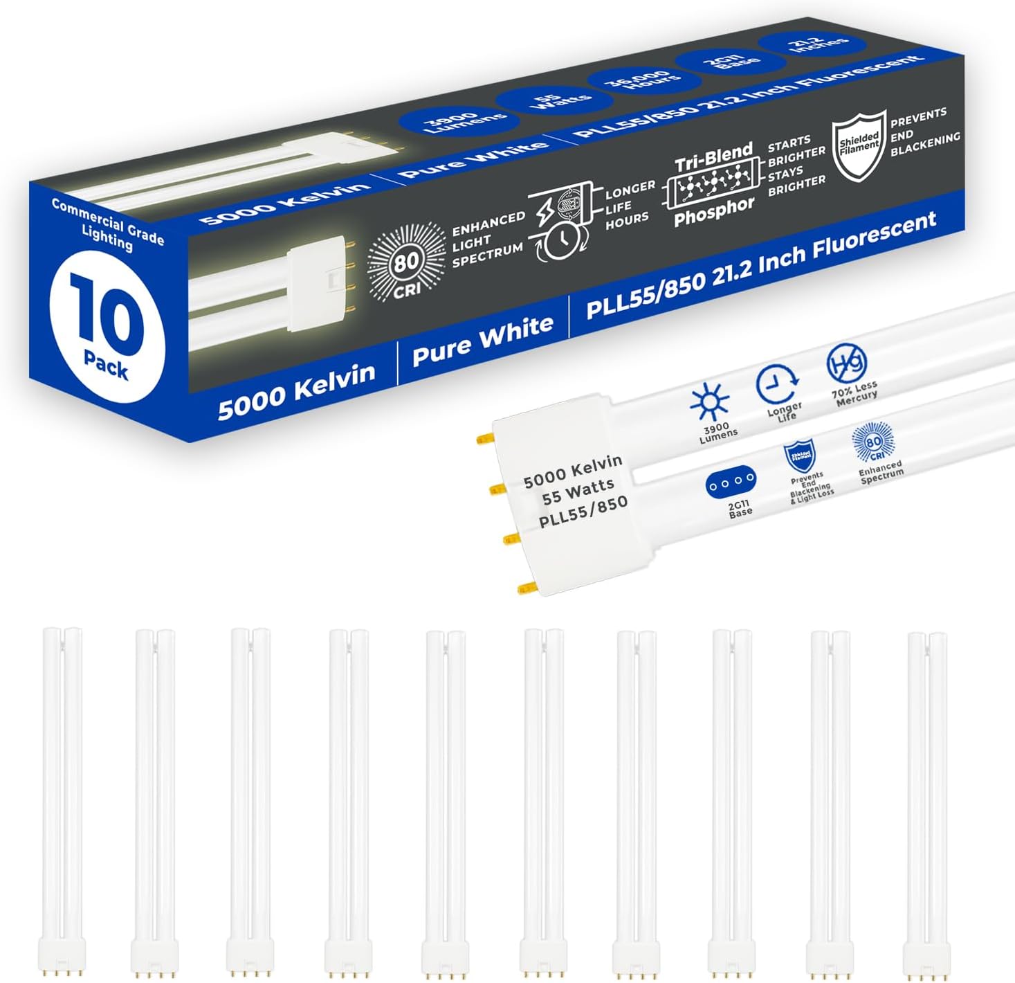 GoodBulb PLL55/850 | 55W 21.2" Twin Tube Compact Fluorescent Light Bulb | 4-pin 2G11 Base 5000K Daylight 3900 Lumen | 36000 Hour Long Life Biax | Pack of 10