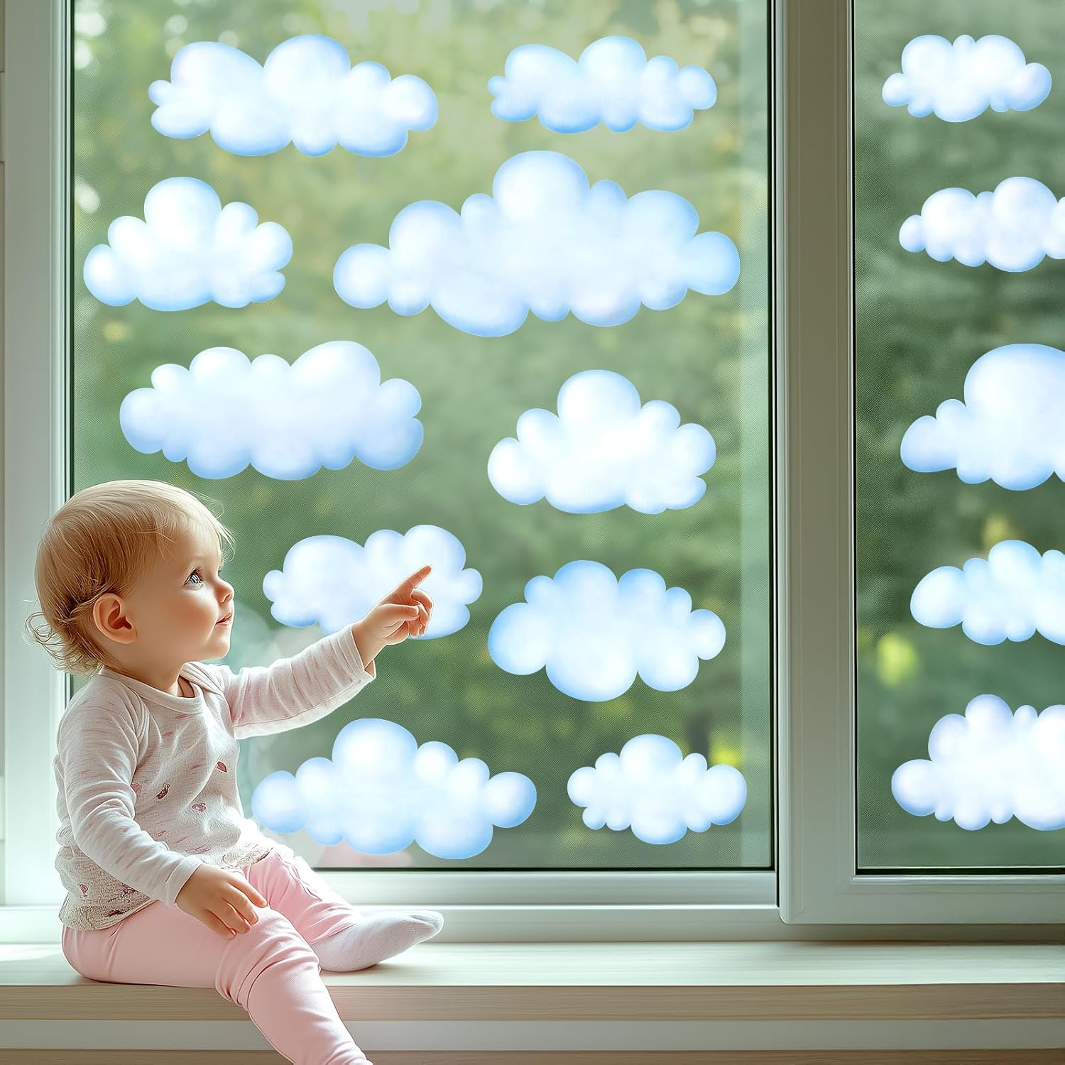 DECOWALL Cloud Window Clings – White Puffy Cloud Window Stickers for Kids Bedroom, Nursery, Bathroom & Playroom Decor, Reusable Double-Sided Static Cling Decals (CDS4-9008)