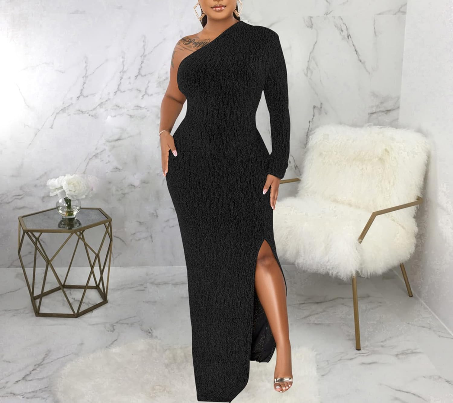 Women's Formal Evening Gowns Elegant Sparkly One Shoulder Maxi Dresses Sexy Long Sleeve High Split Party Long Dress - Image 3