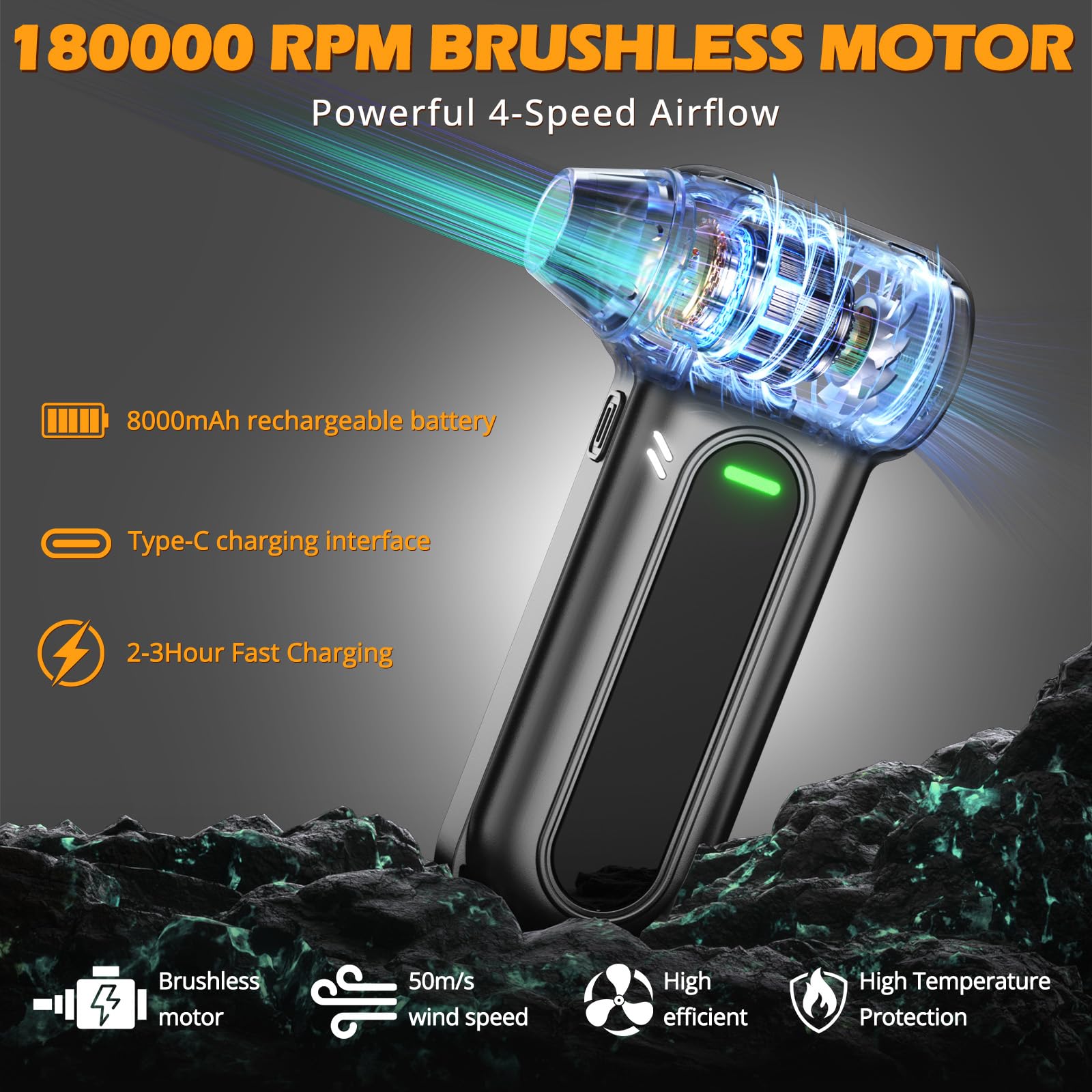 Herramientas de limpieza de plumero de aire eléctrico, 150000 rpm, plumero de aire inalámbrico súper potente, motor recargable sin escobillas, soplador duradero, soplador de polvo ajustable de 3