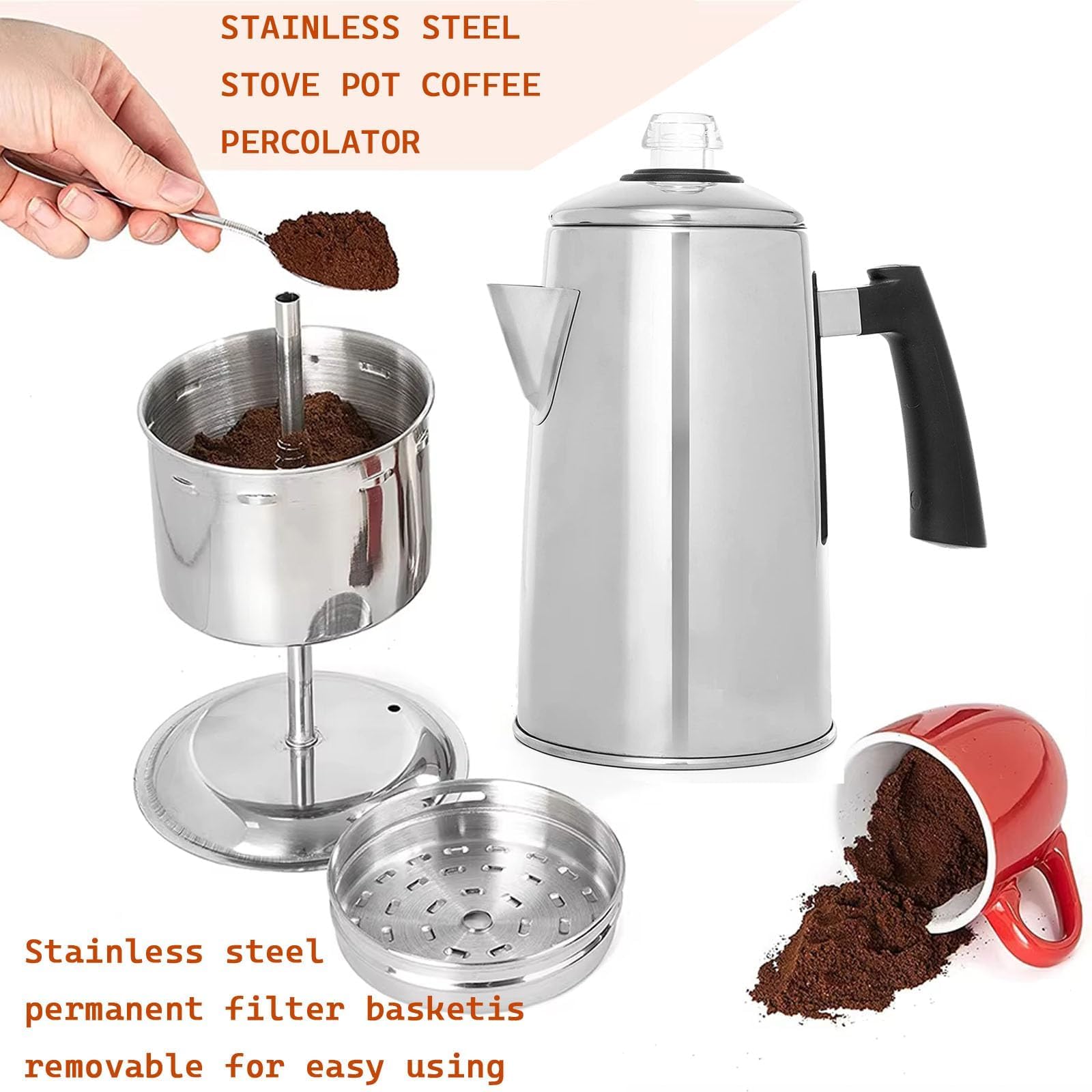 KFO Edelstahl Kaffeepresse für Herdplatte,Camping Kaffeekanne - 12 Tassen, Induktionsgeeignet mit Hitzeschutzgriff für Gas, Keramik, Lagerfeuer & Outdoor