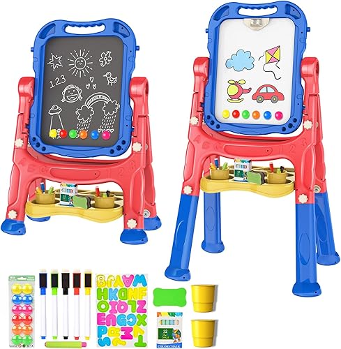 Miniatura 9 de Amogoing Caballete para niños, caballete de arte ajustable para niños pequeños, tablero de dibujo magnético doble con accesorios de pintura, regalo