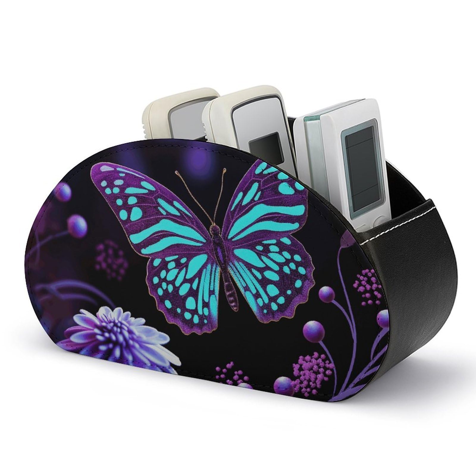 Purple Butterfly And Flowers Remote Control Holder with 5 Compartment Organizer Box, Leather TV Remote Holder Organizer Caddy for Table, PU Leather Remote Box for Nightstand Office Desk Storage Box
