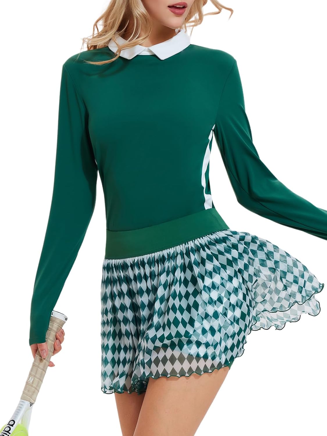 Women's 2 Piece Tennis Skirt Set Long Sleeve Color Block Collared Top & Pleated Skort with 4 Pockets Golf Pickleball Athletic