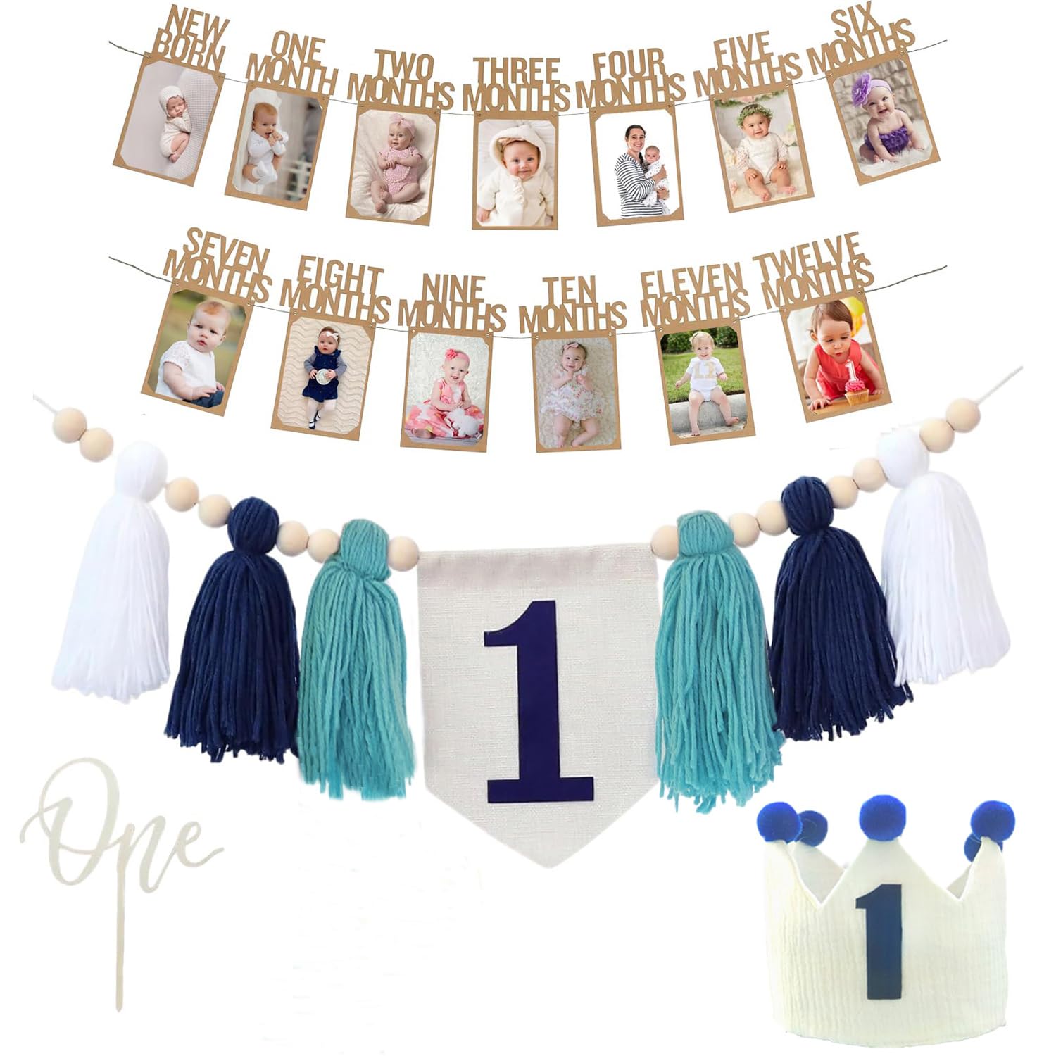 Baby First Birthday Party Decorations First Highchair Banner For Baby Boys Blue High Chair Banner Crown Cake Topper Baby Photo Banner 1st Birthday Photo Backdrop (Blue) — image 1