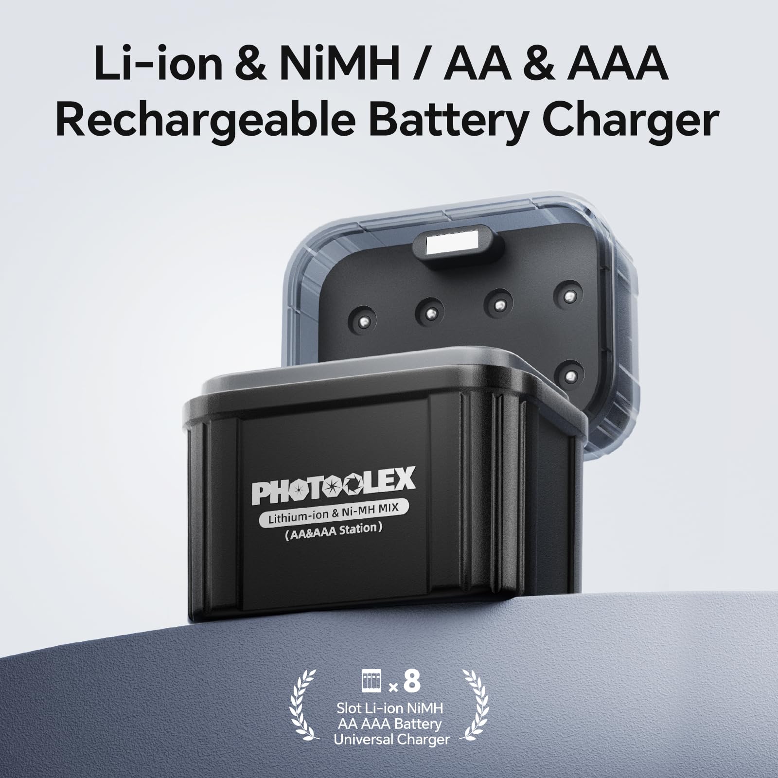 PHOTOOLEX AA Acculader voor NiMH & Lithium batterijen, oplaadbare hybride batterijlader met Smart LED-display, geïntegreerde opbergdoos met 8 laadsleuven en snellaadfunctie