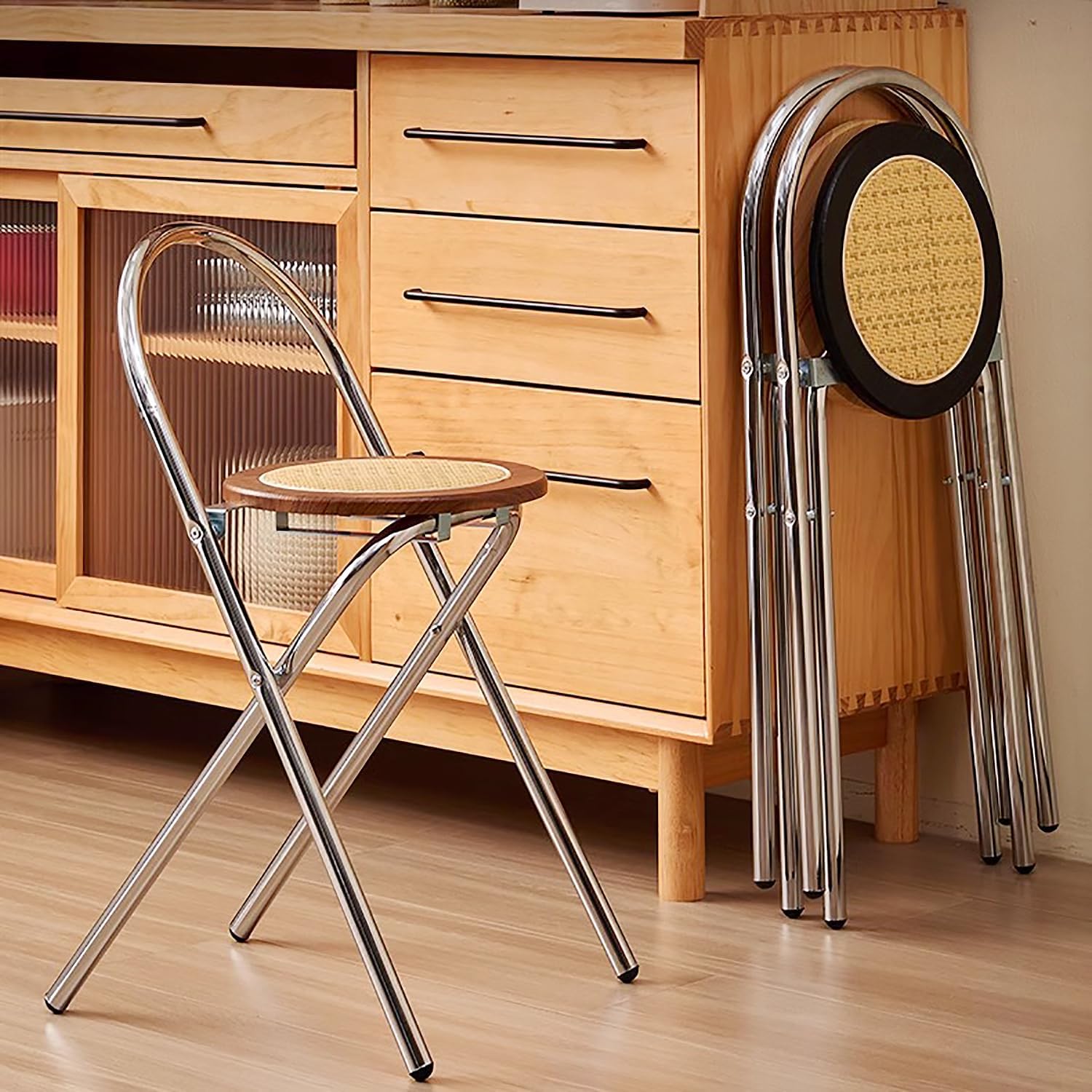 Retro Folding Chair with Back, Counter Folding bar Stool Rattan Woven Dining Table Chairs, Carbon Steel Alloy Bracket, Collapsible Stool for Adults Kitchen Shop Cafe (Walnut Color, H18'' x D11.8)