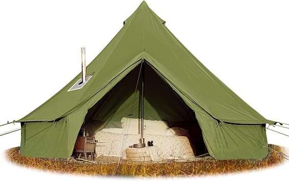 Cotton Canvas Bell Tent With Stove Jack - Glamping Yurt, Waterproof and Breathable 4 Season Tent With Zipped Removable Floor